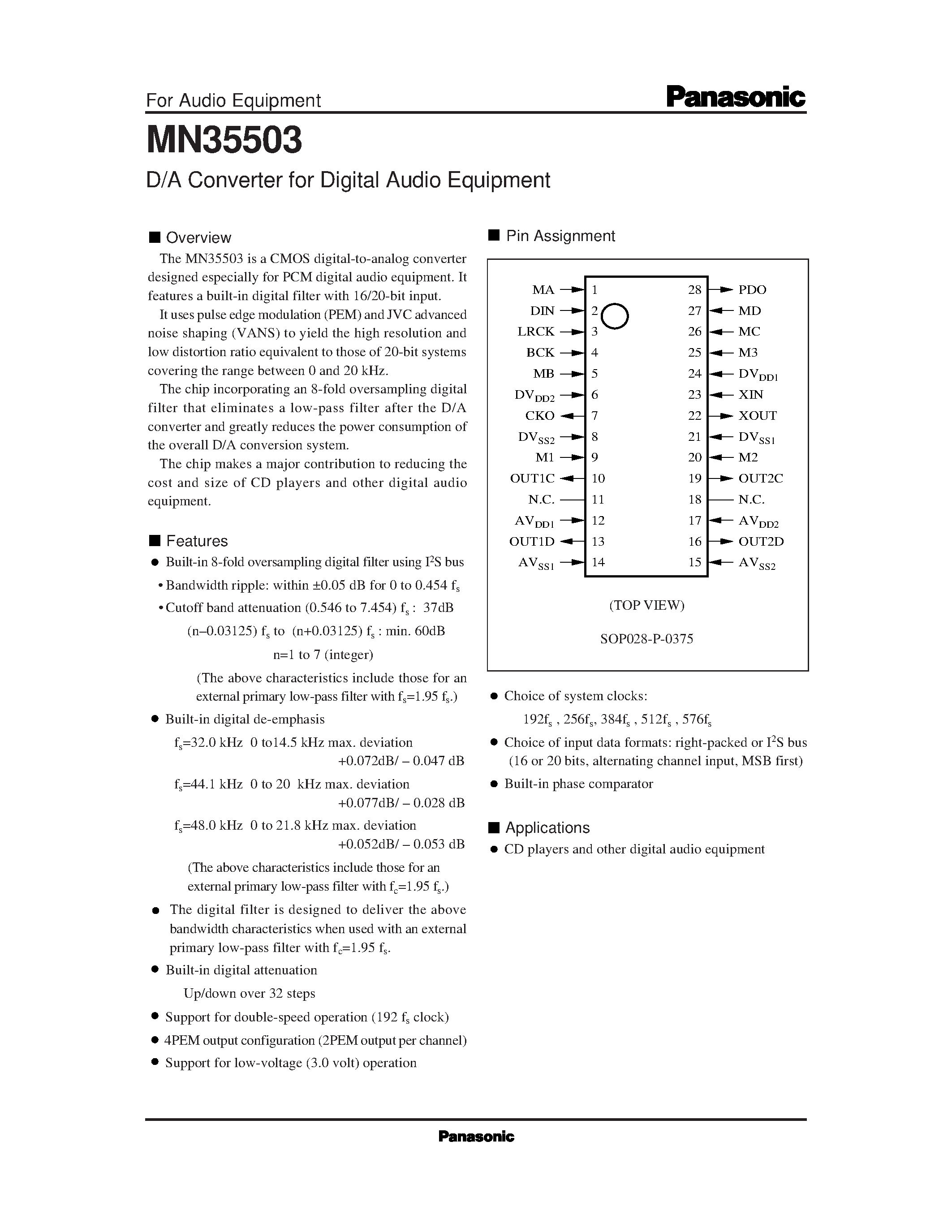 Даташит MN35503 - D/A Converter for Digital Audio Equipment страница 1