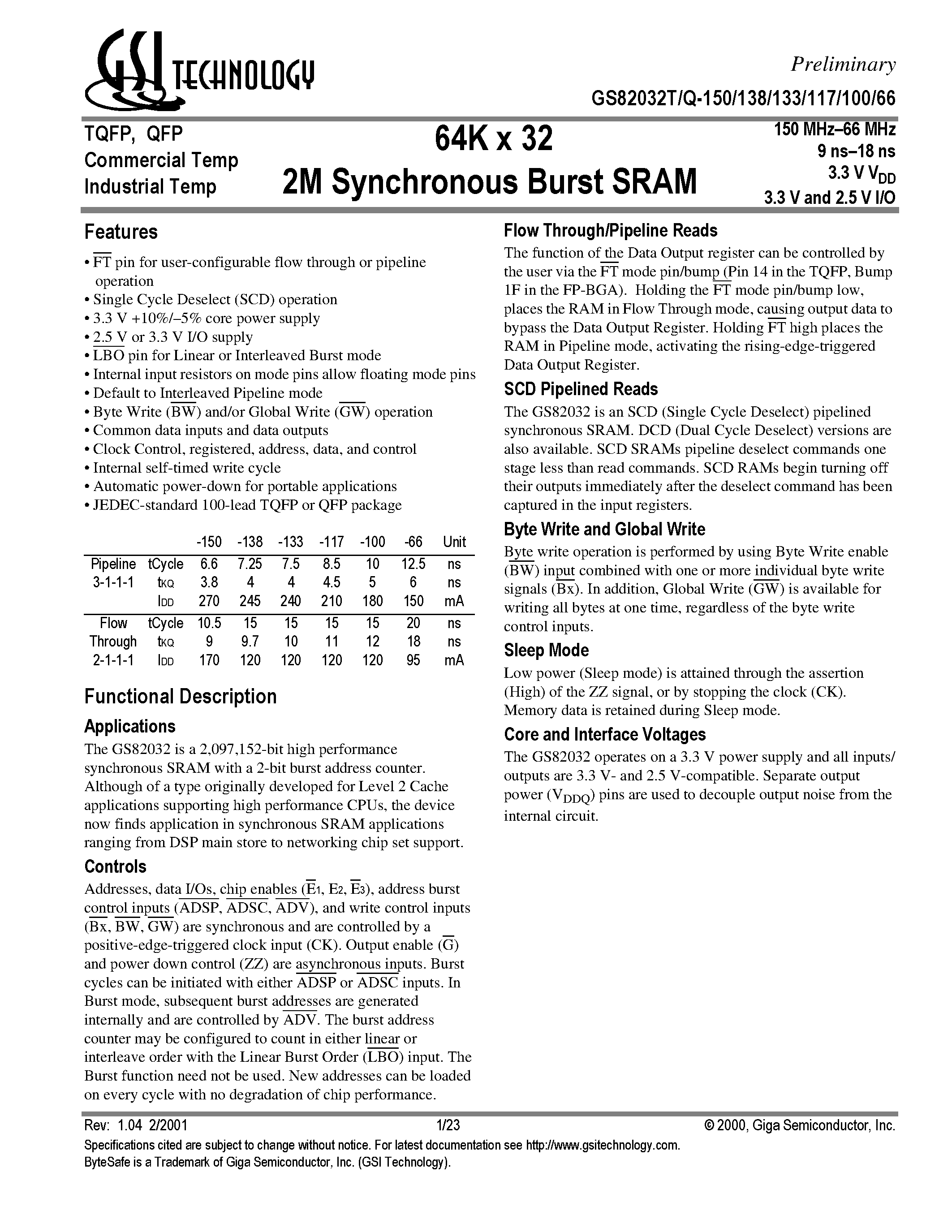 Даташит на микросхему GS82032T страница 1 Даташит GS82032T - 64K x 32 / 2M Synchronous Burst SRAM страница 1