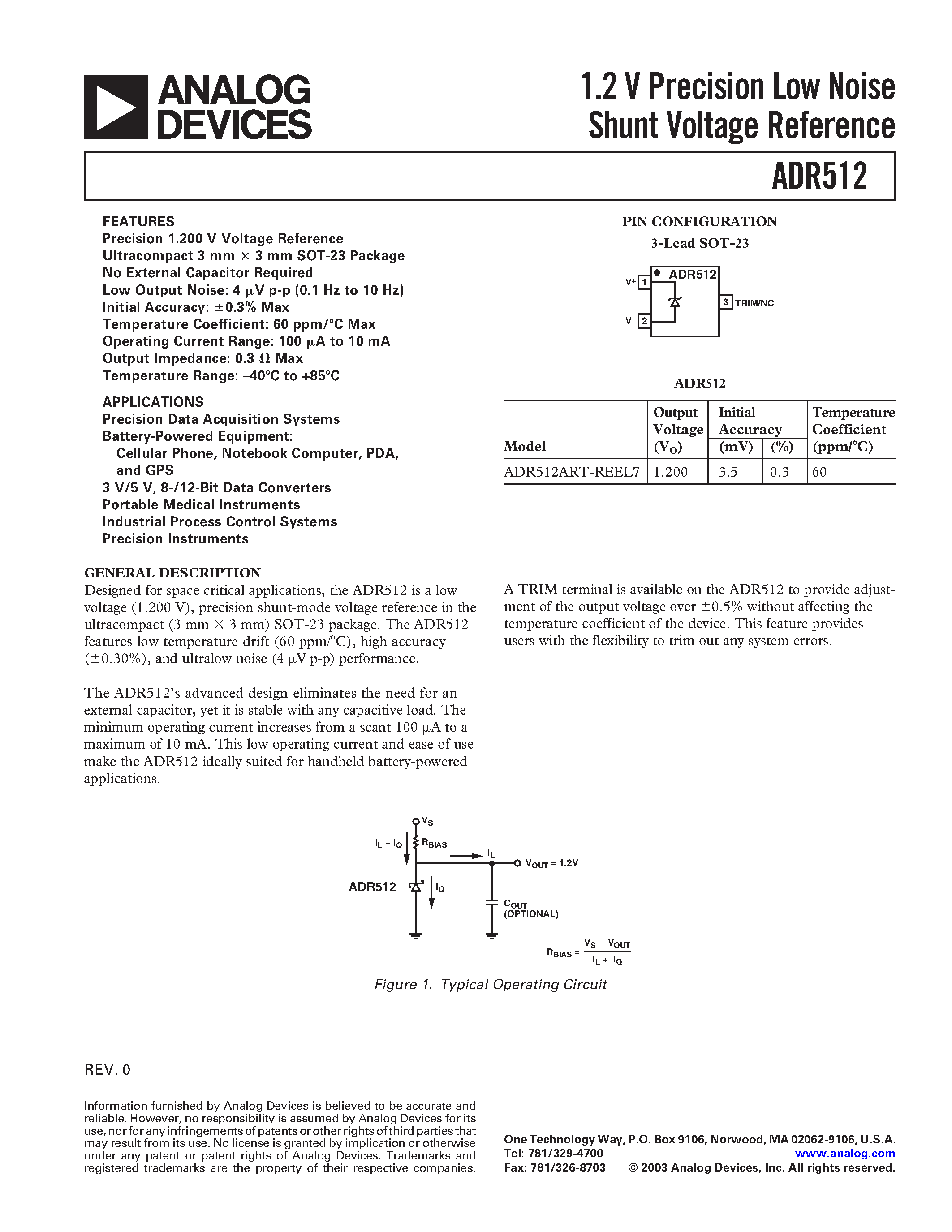 Datasheet ADR512 - 1.2 V Precision Low Noise Shunt Voltage Reference page 1