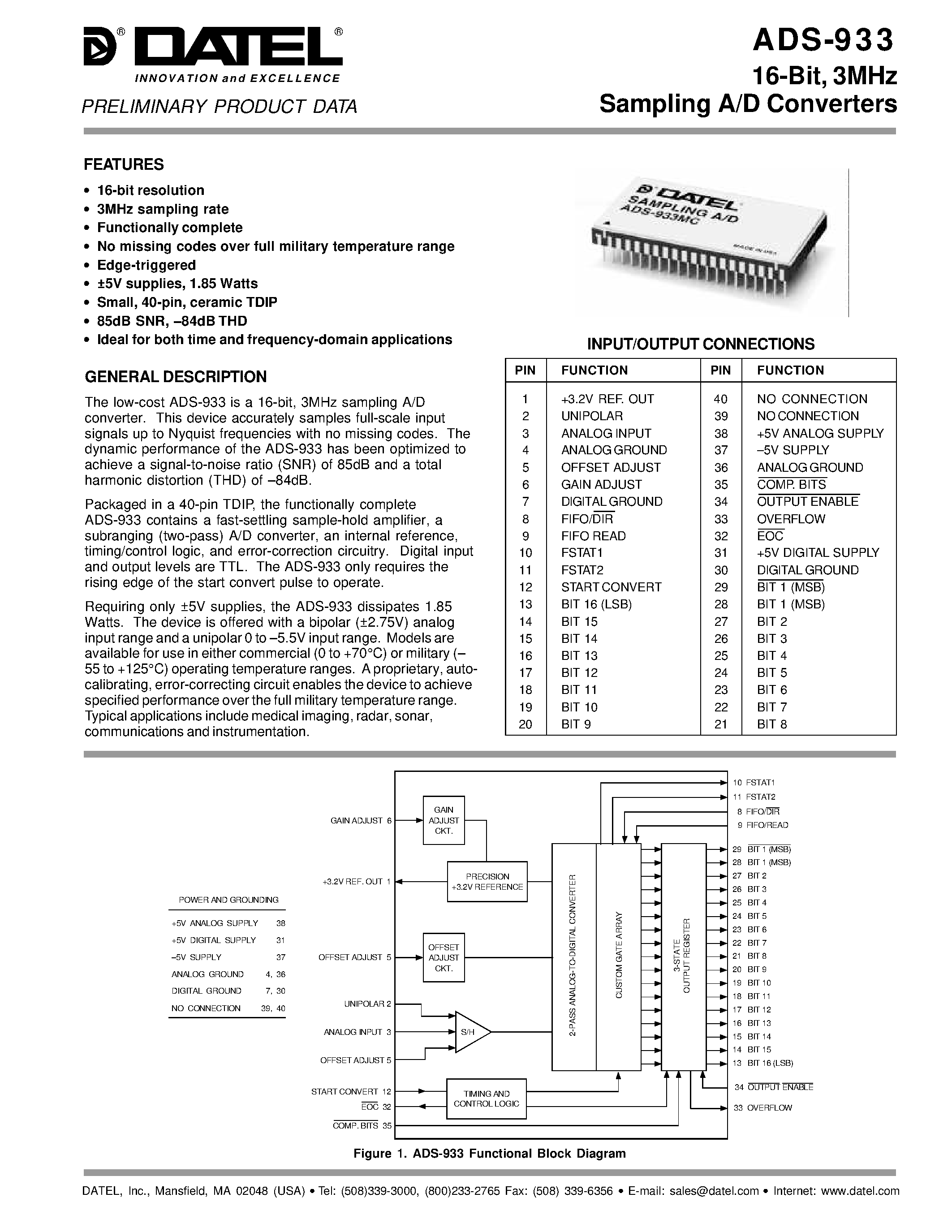 Datasheet ADS-933 - 16-Bit / 3MHz Sampling A/D Converters page 1