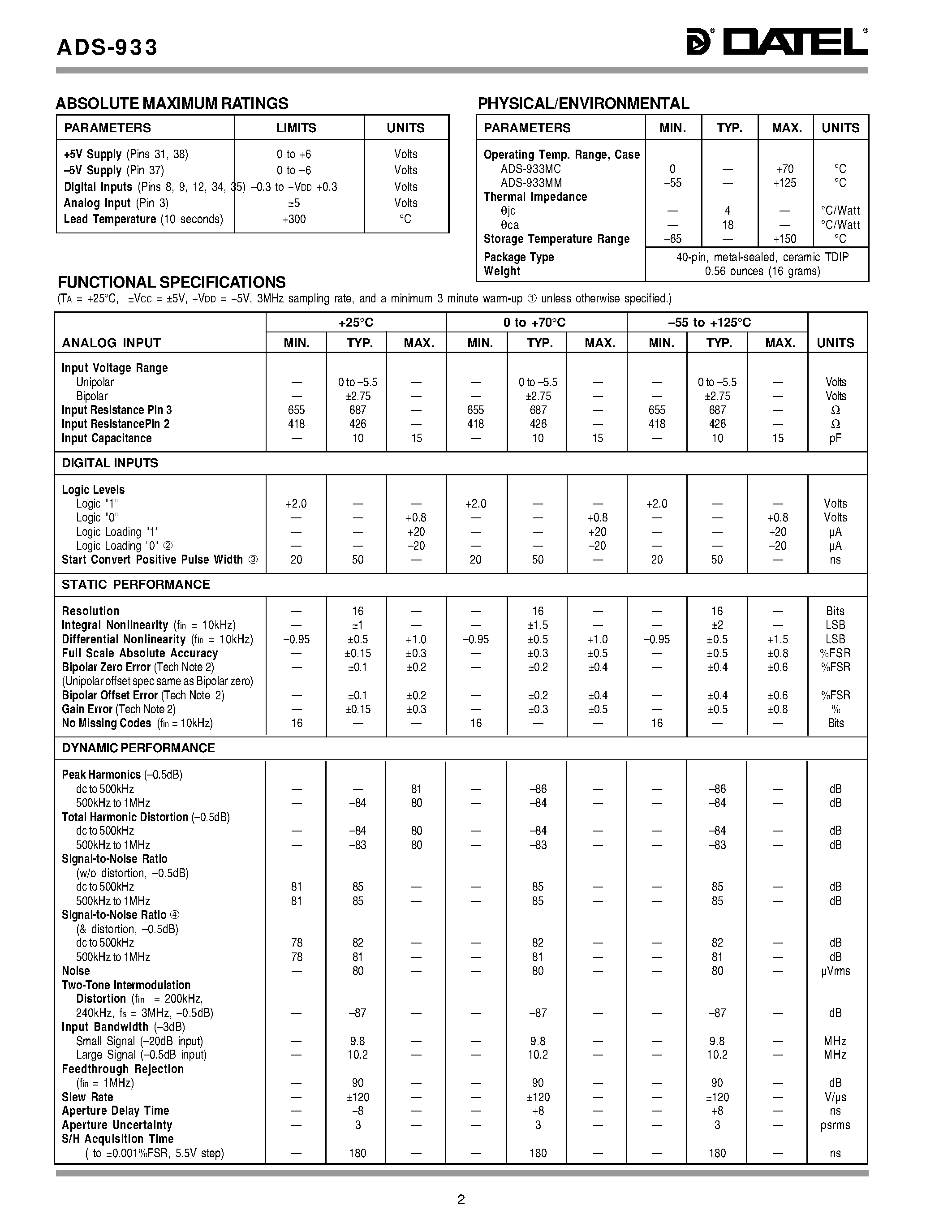 Datasheet ADS-933 - 16-Bit / 3MHz Sampling A/D Converters page 2