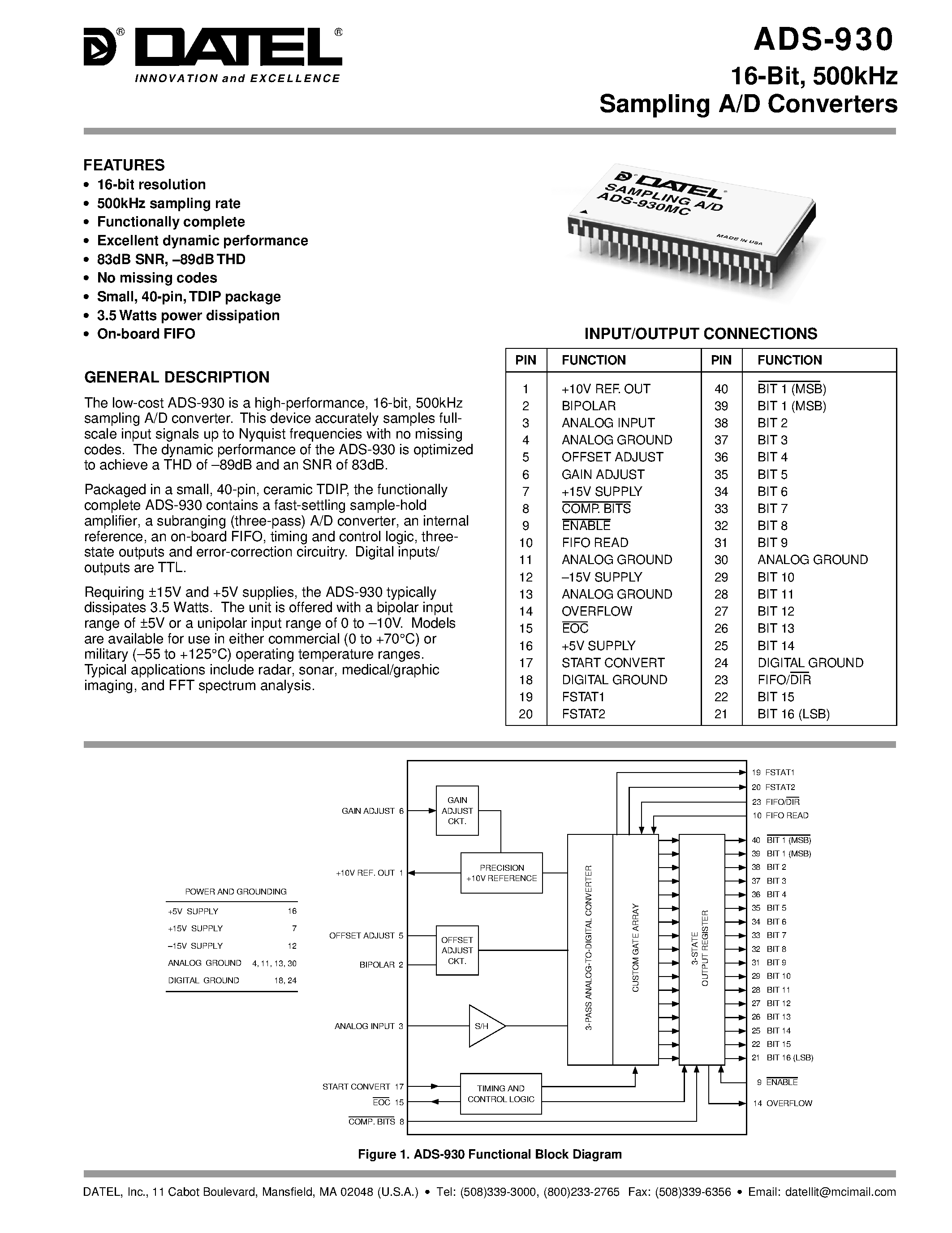 Datasheet ADS-930 - 16-Bit / 500kHz Sampling A/D Converters page 1