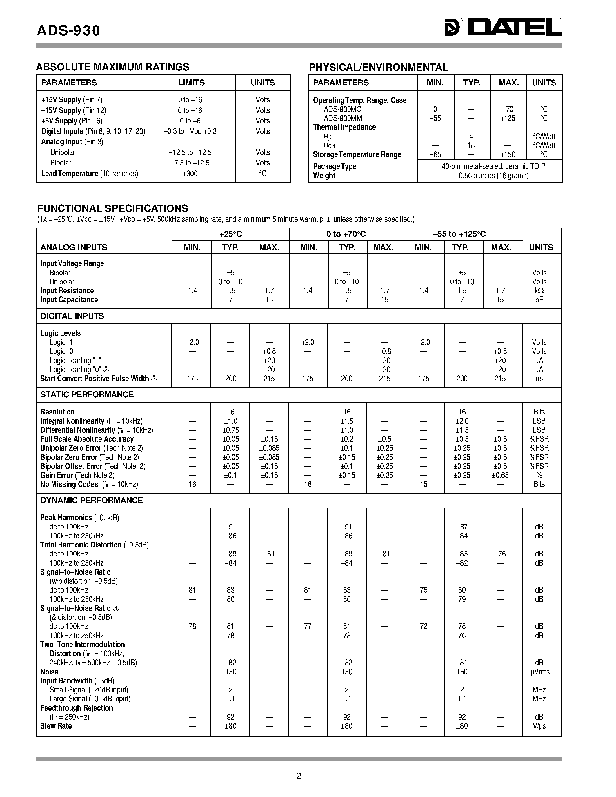 Datasheet ADS-930 - 16-Bit / 500kHz Sampling A/D Converters page 2