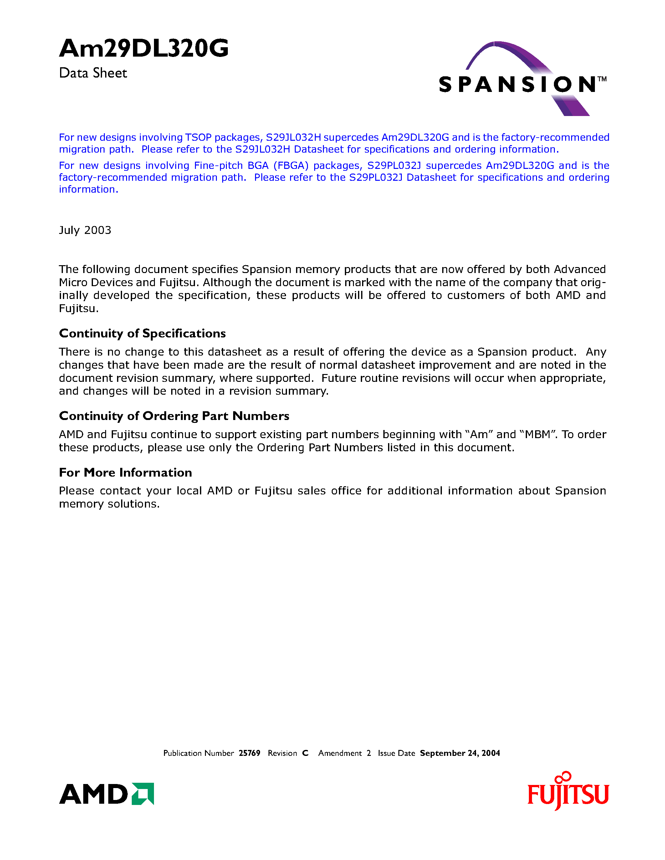 Datasheet AM29DL320G page 1 Datasheet AM29DL320G - For new designs involving TSOP packages page 1