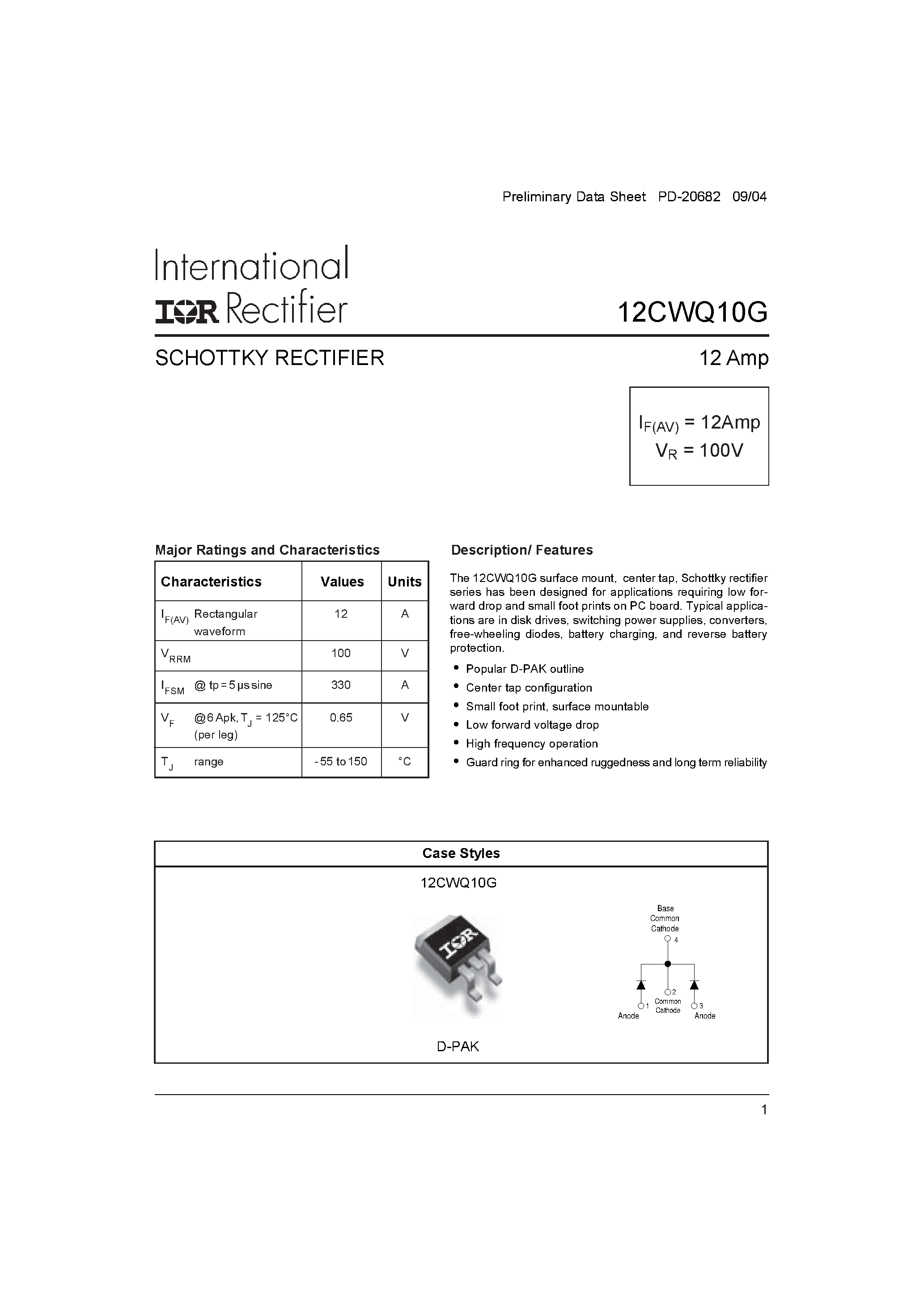 Даташит 12CWQ10G - Schottky rectifier страница 1