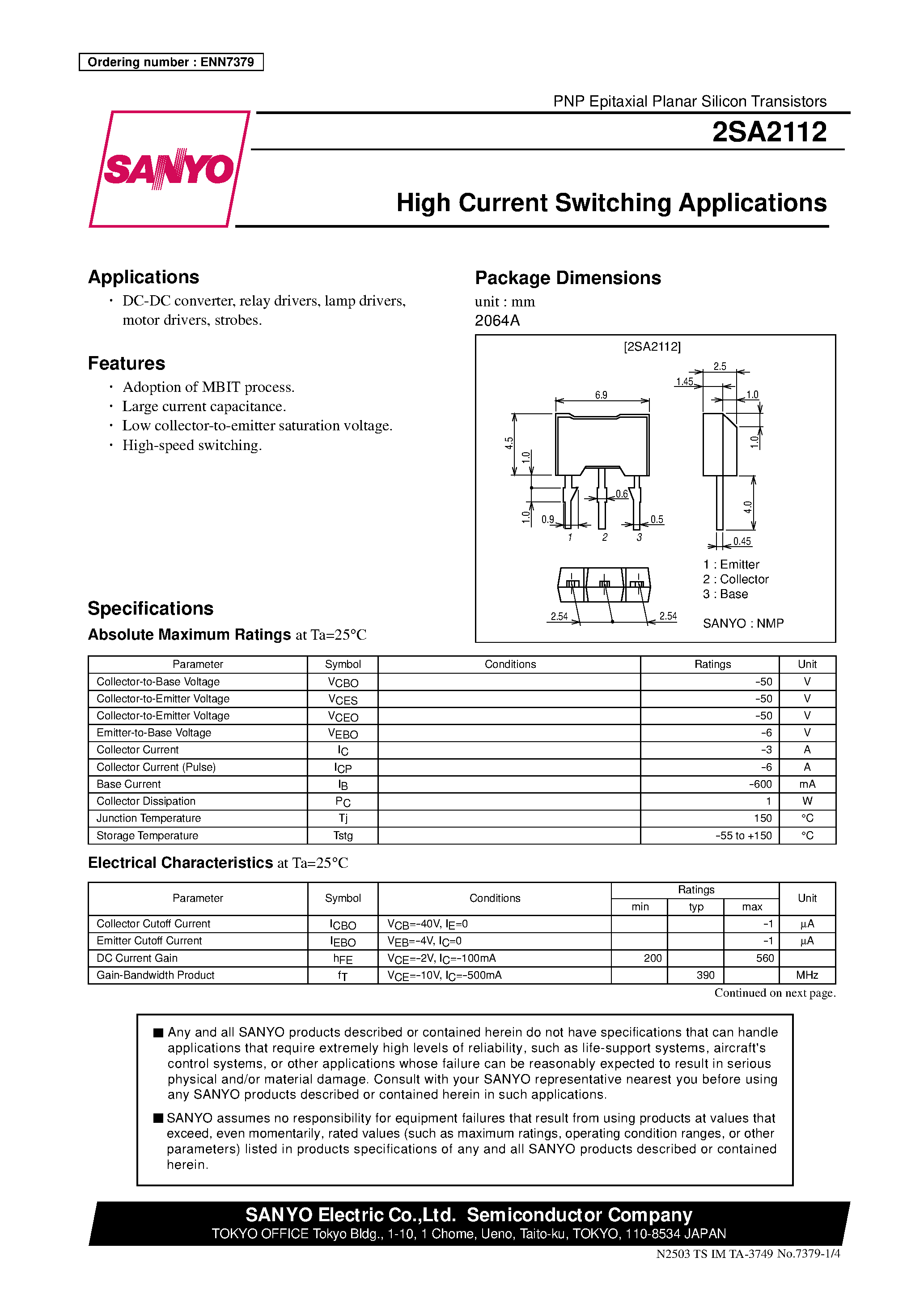 Datasheet 2SA2112 - High Current Switching Applications page 1