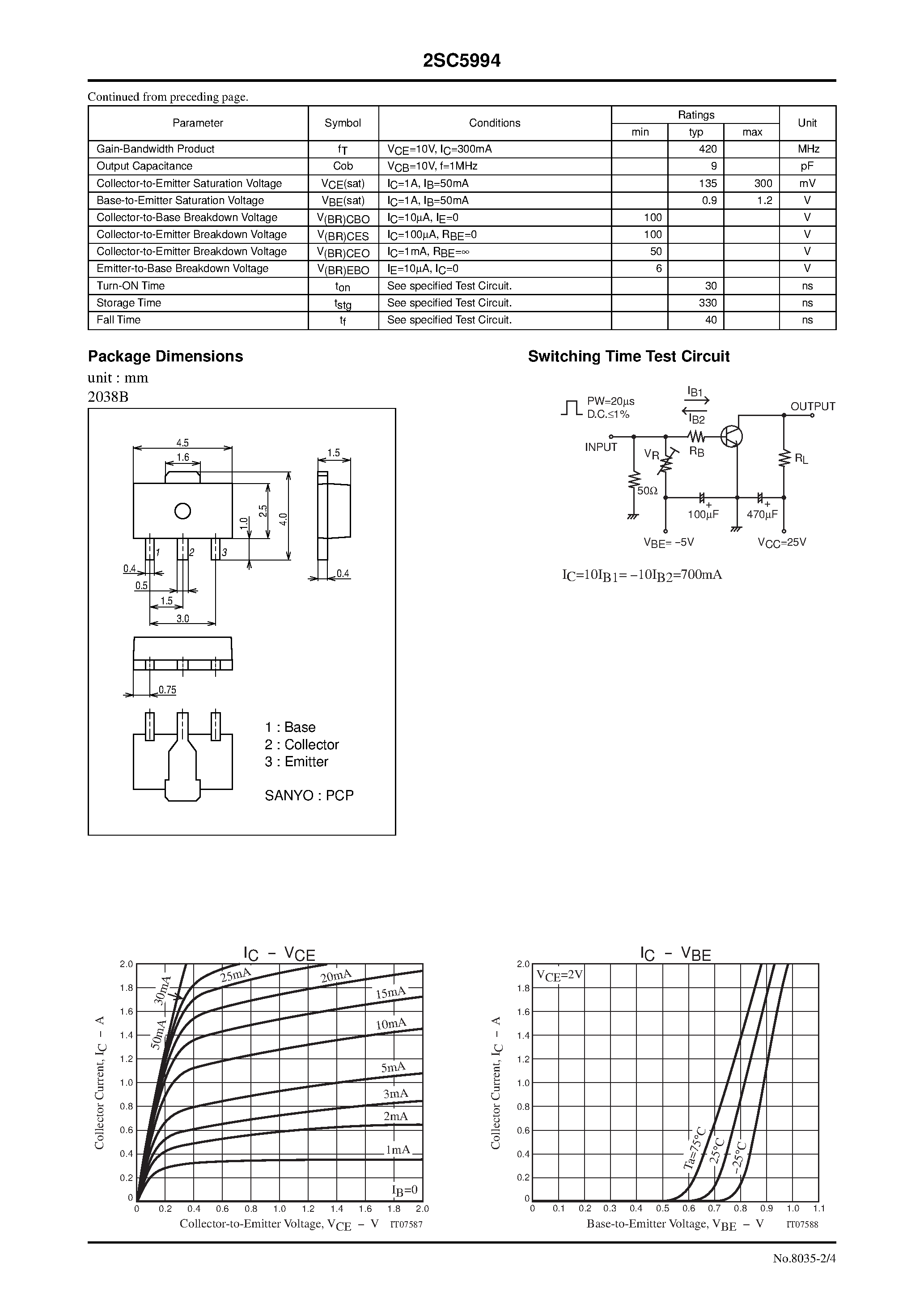 Даташит на микросхему 2SC5994 страница 2 Даташит 2SC5994 - NPN Epitaxial Planar Silicon Transistor High-Current Switching Applications страница 2