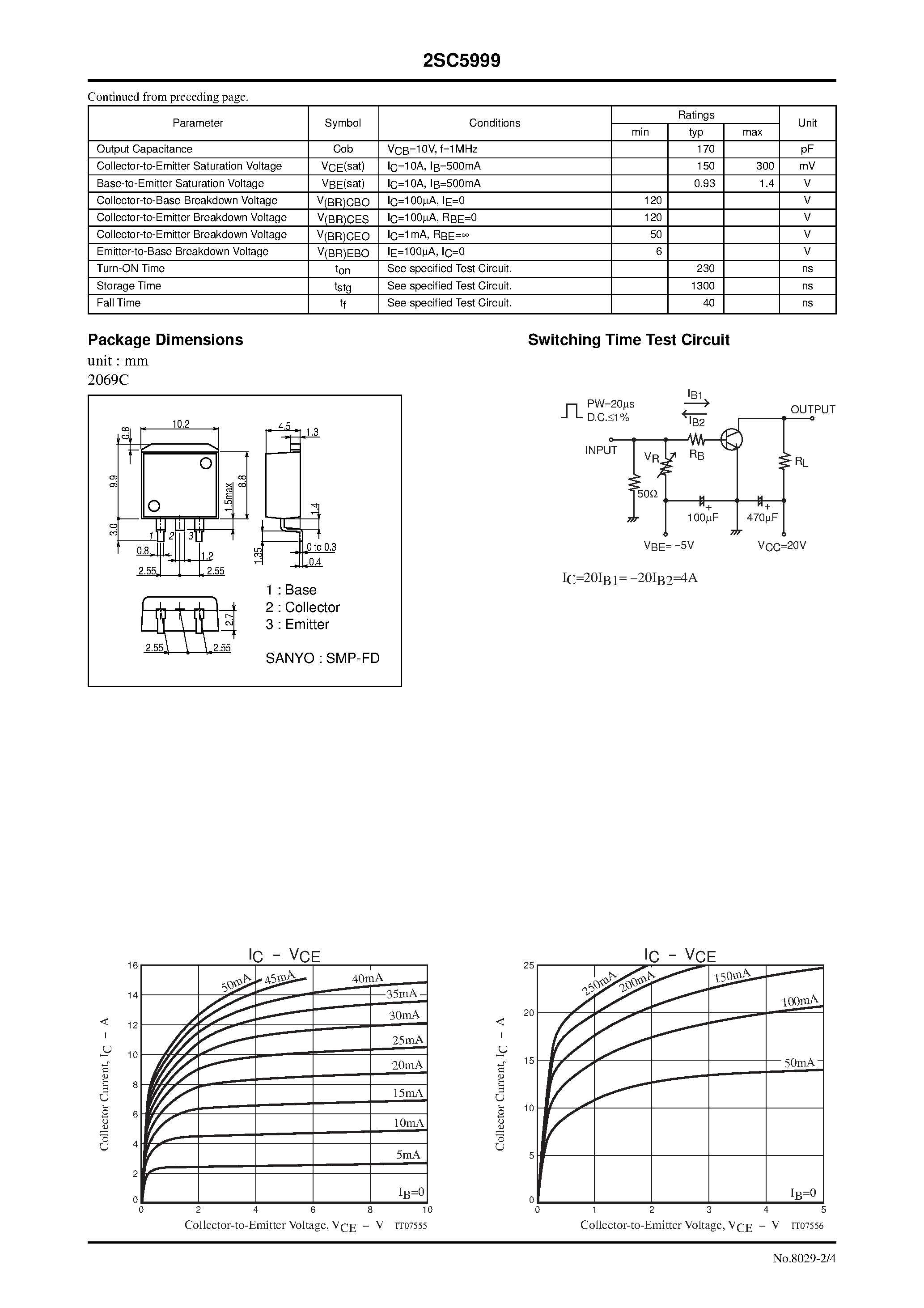 Даташит 2SC5999 - NPN Epitaxial Planar Silicon Transistors High-Current Switching Applications страница 2