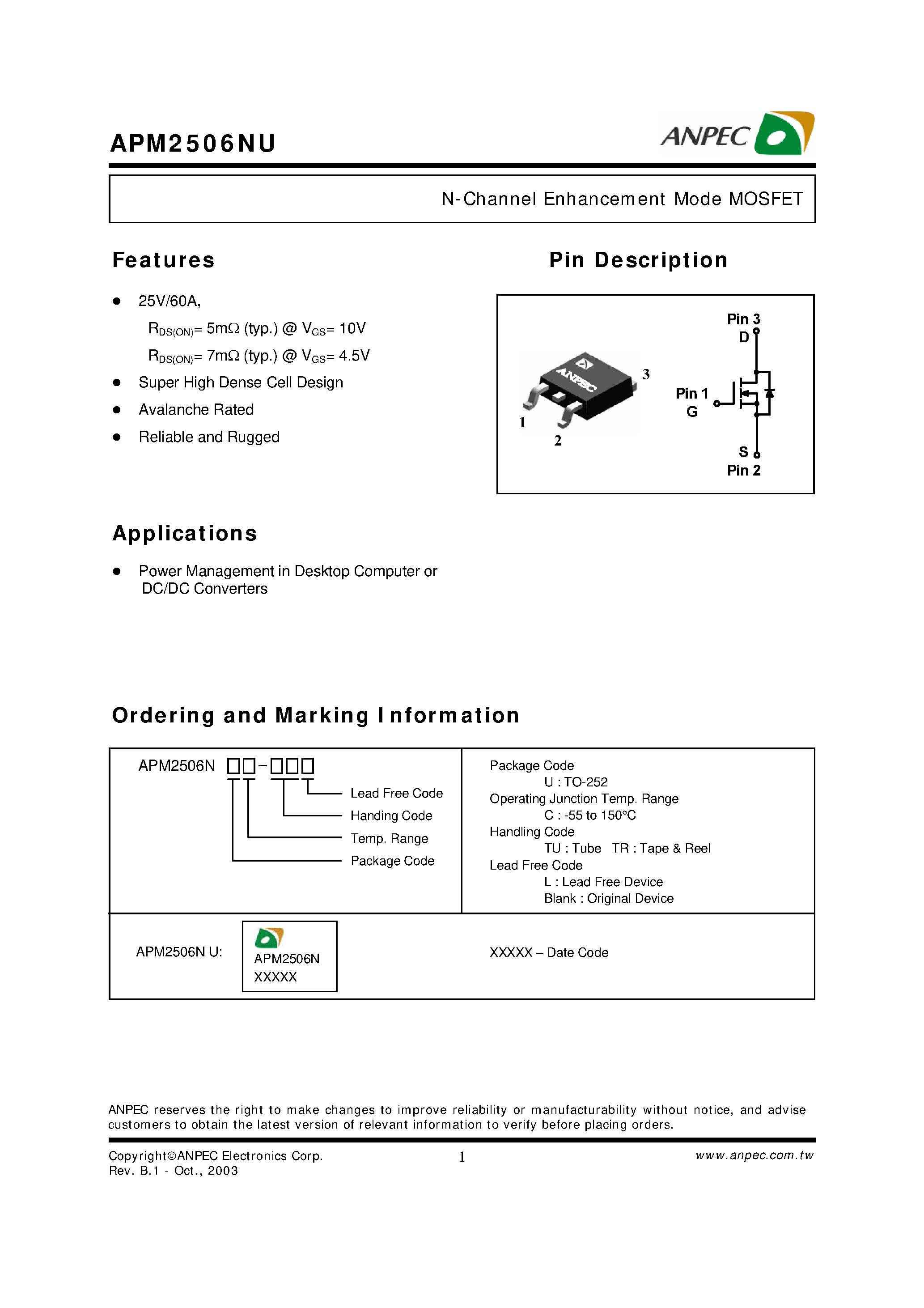 Datasheet APM2506NU - N-Channel Enhancement Mode MOSFET page 1