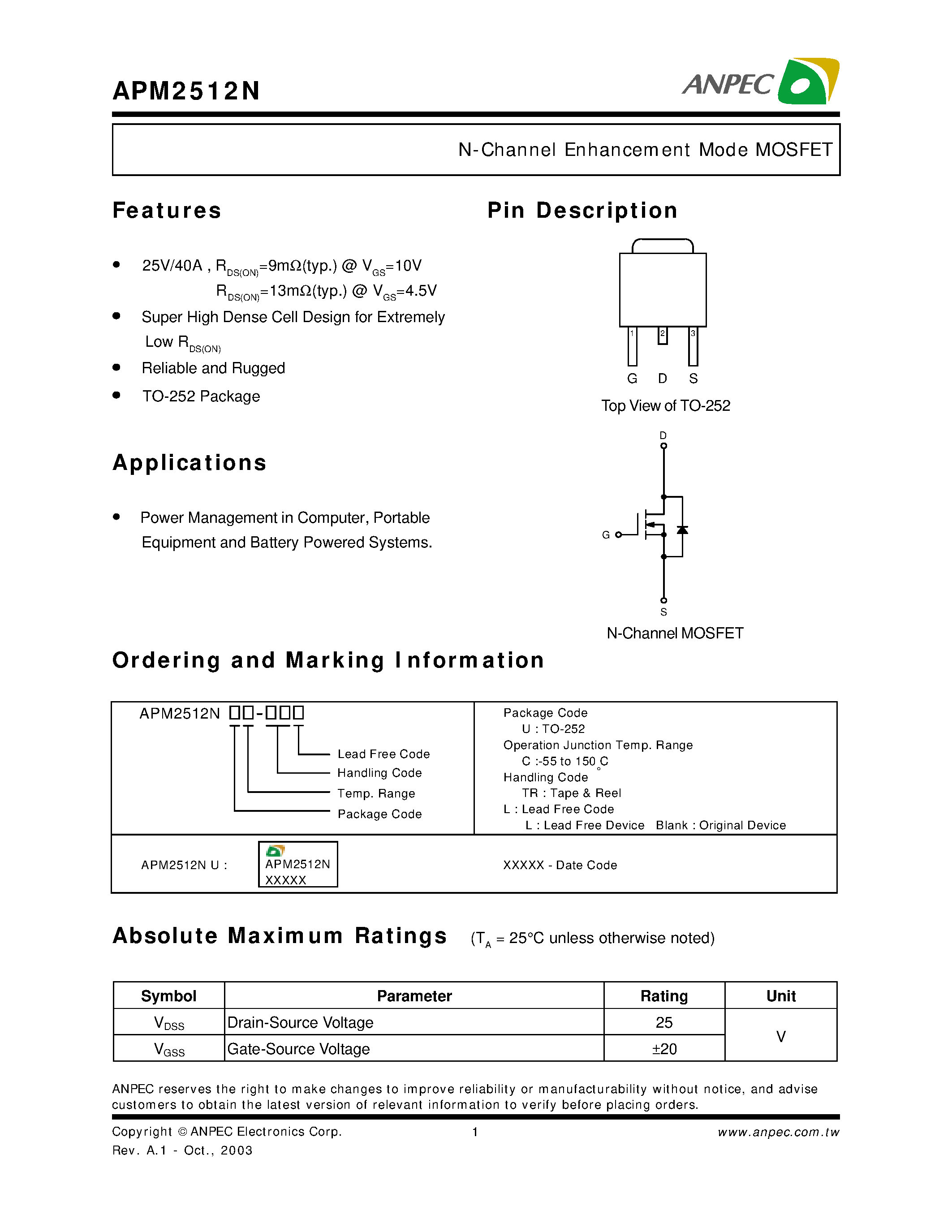 Datasheet APM2512N - N-Channel Enhancement Mode MOSFET page 1