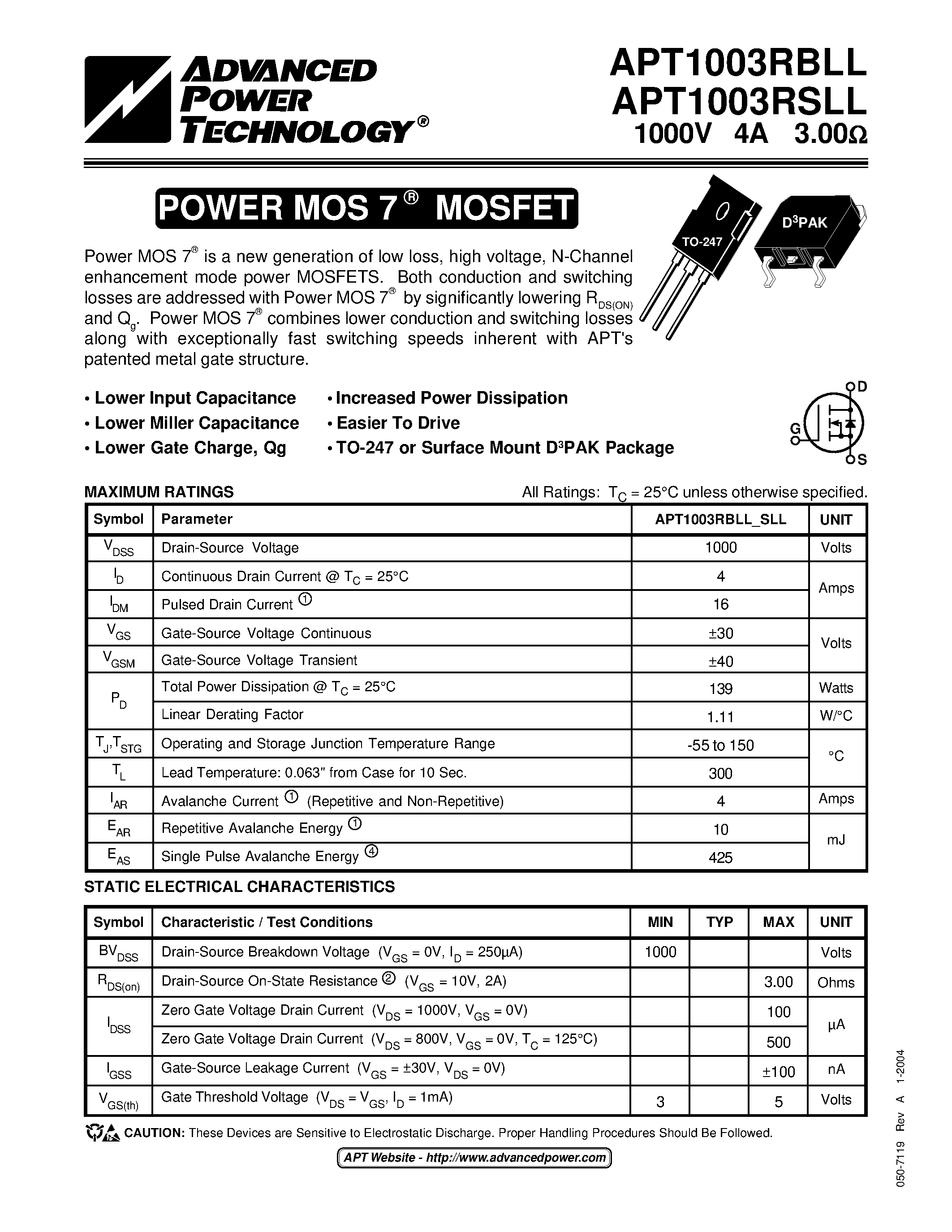 Datasheet APT1003RBLL - POWER MOS 7 MOSFET page 1
