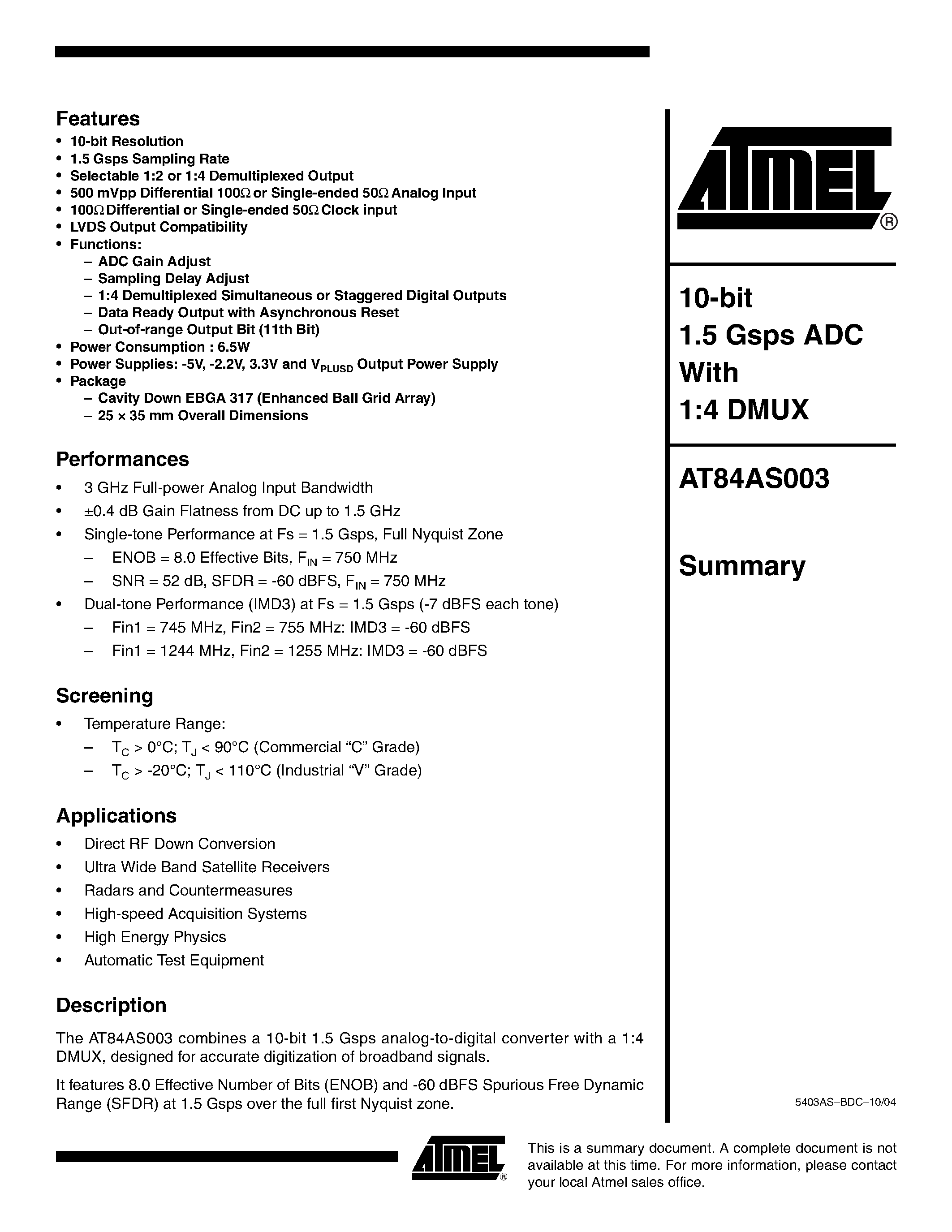 Datasheet AT84AS003 - 10-bit 1.5 Gsps ADC With 1:4 DMUX page 1