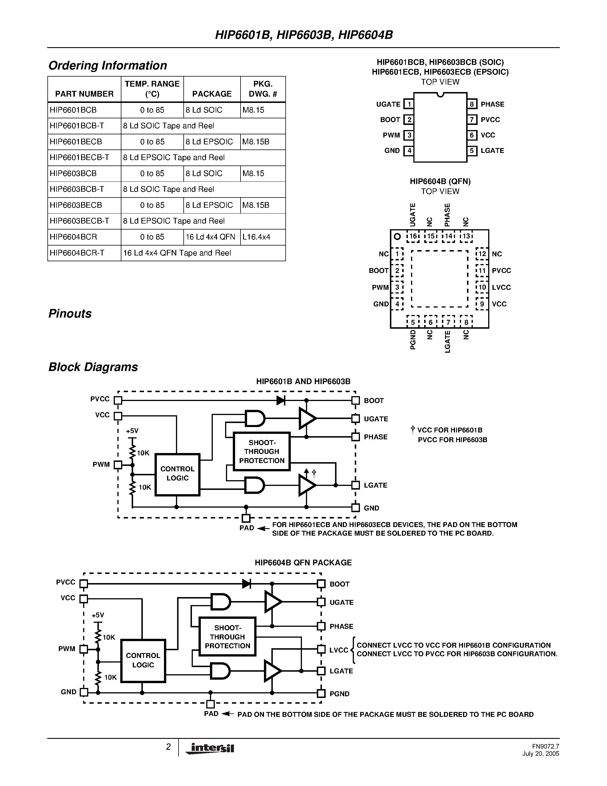 Datasheet HIP6601B - (HIP6601B / HIP6603B / HIP6604B) Synchronous Rectified Buck MOSFET Drivers page 2