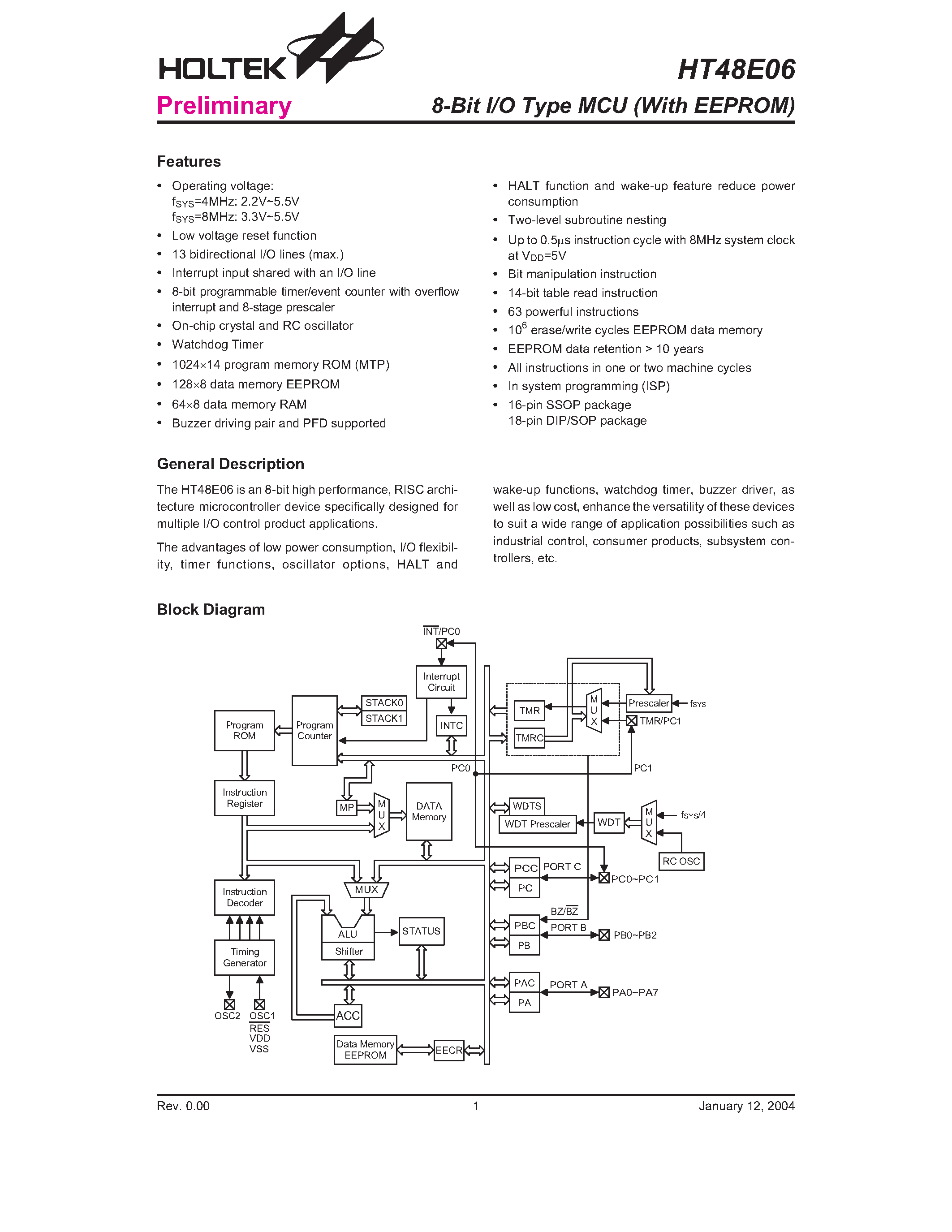Datasheet HT48E06 - 8-Bit I/O Type MCU (With EEPROM) page 1