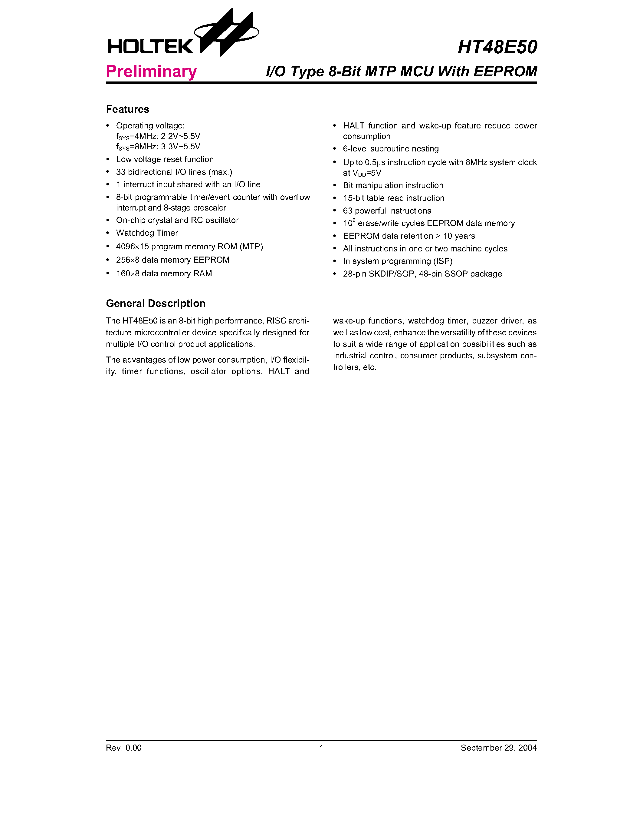 Datasheet HT48E50 page 1 Datasheet HT48E50 - 8-Bit I/O Type MCU (With EEPROM) page 1