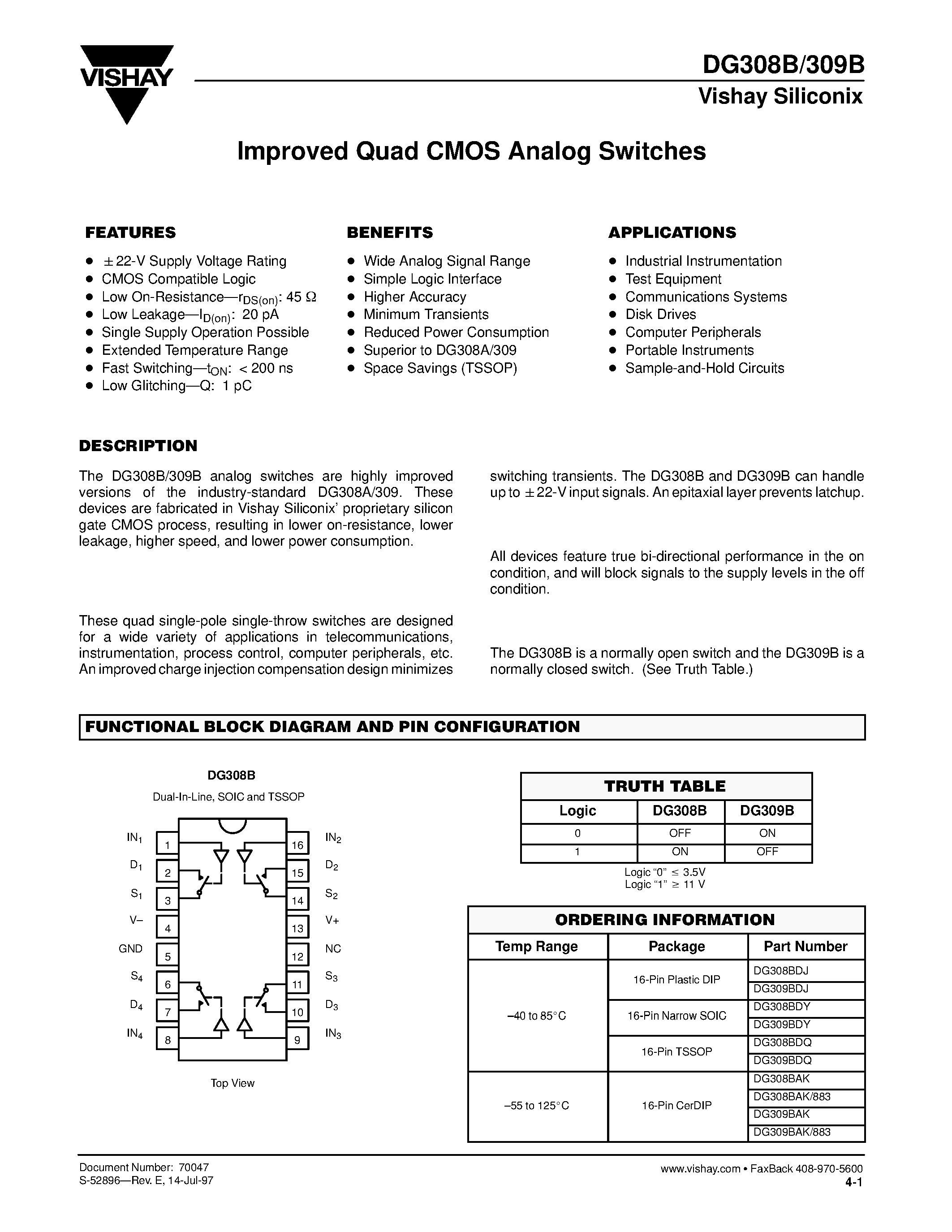 Даташит на микросхему DG308B страница 1 Даташит DG308B - (DG308B / DG309B) Improved Quad CMOS Analog Switches страница 1
