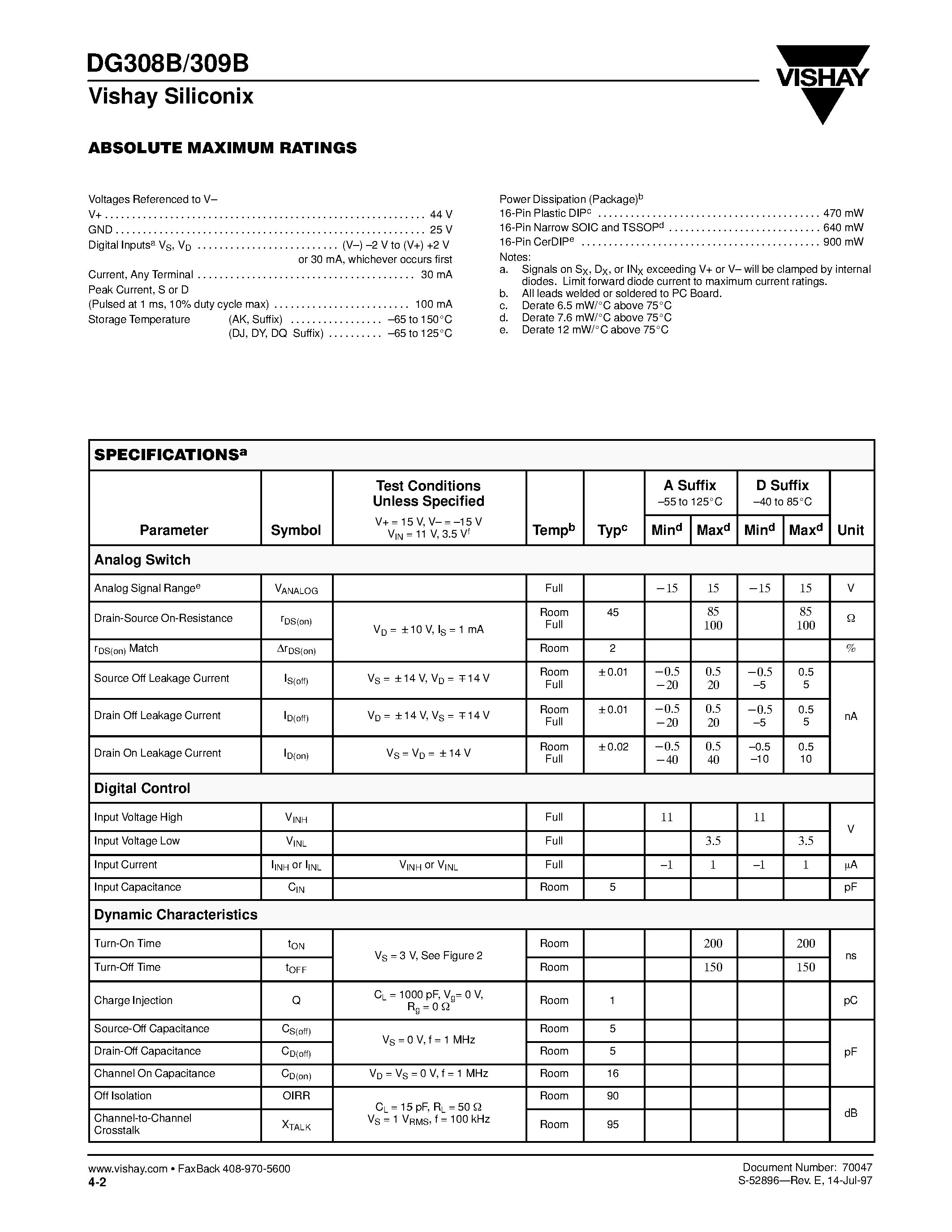 Даташит на микросхему DG308B страница 2 Даташит DG308B - (DG308B / DG309B) Improved Quad CMOS Analog Switches страница 2