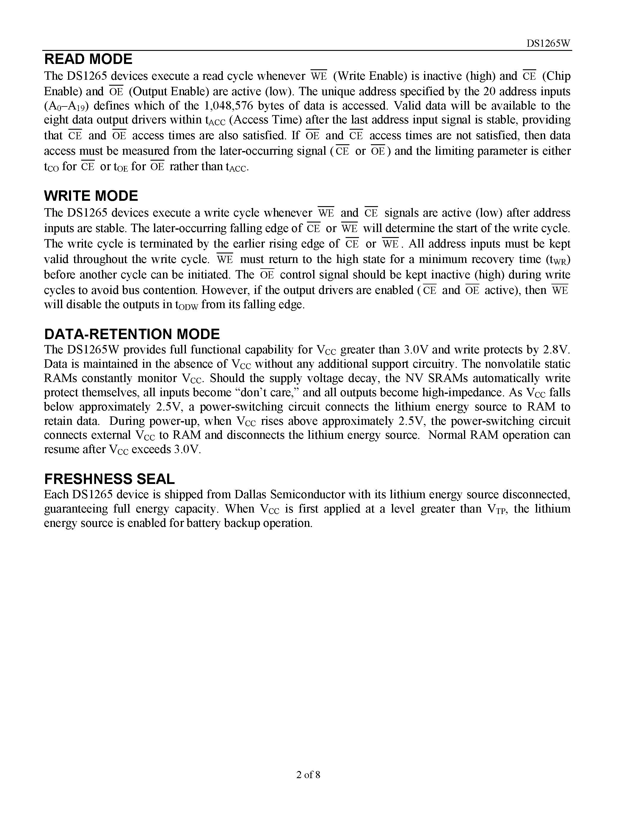 Datasheet DS1265W page 2 Datasheet DS1265W - 3.3V 8Mb Nonvolatile SRAM page 2