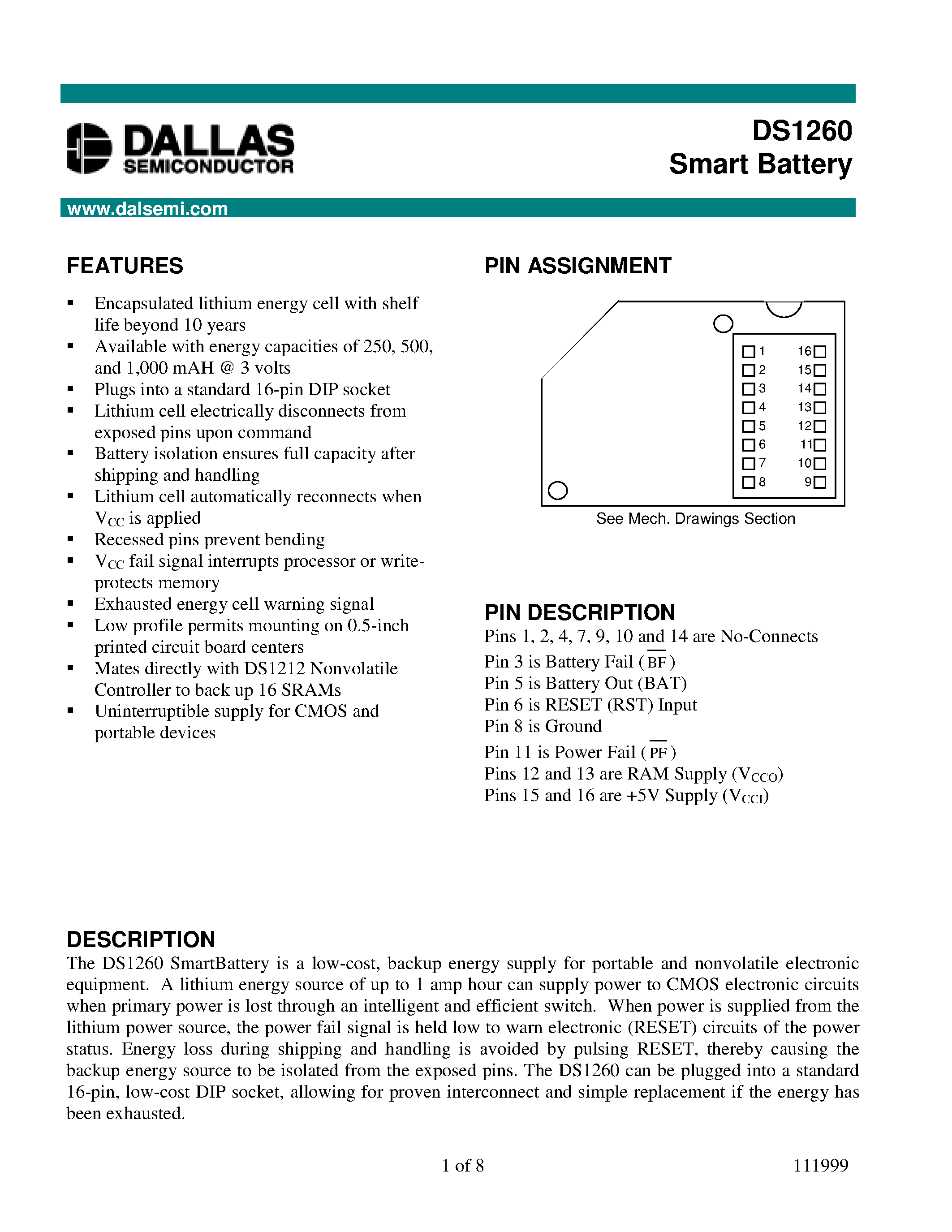 Datasheet DS1260 - Smart Battery page 1