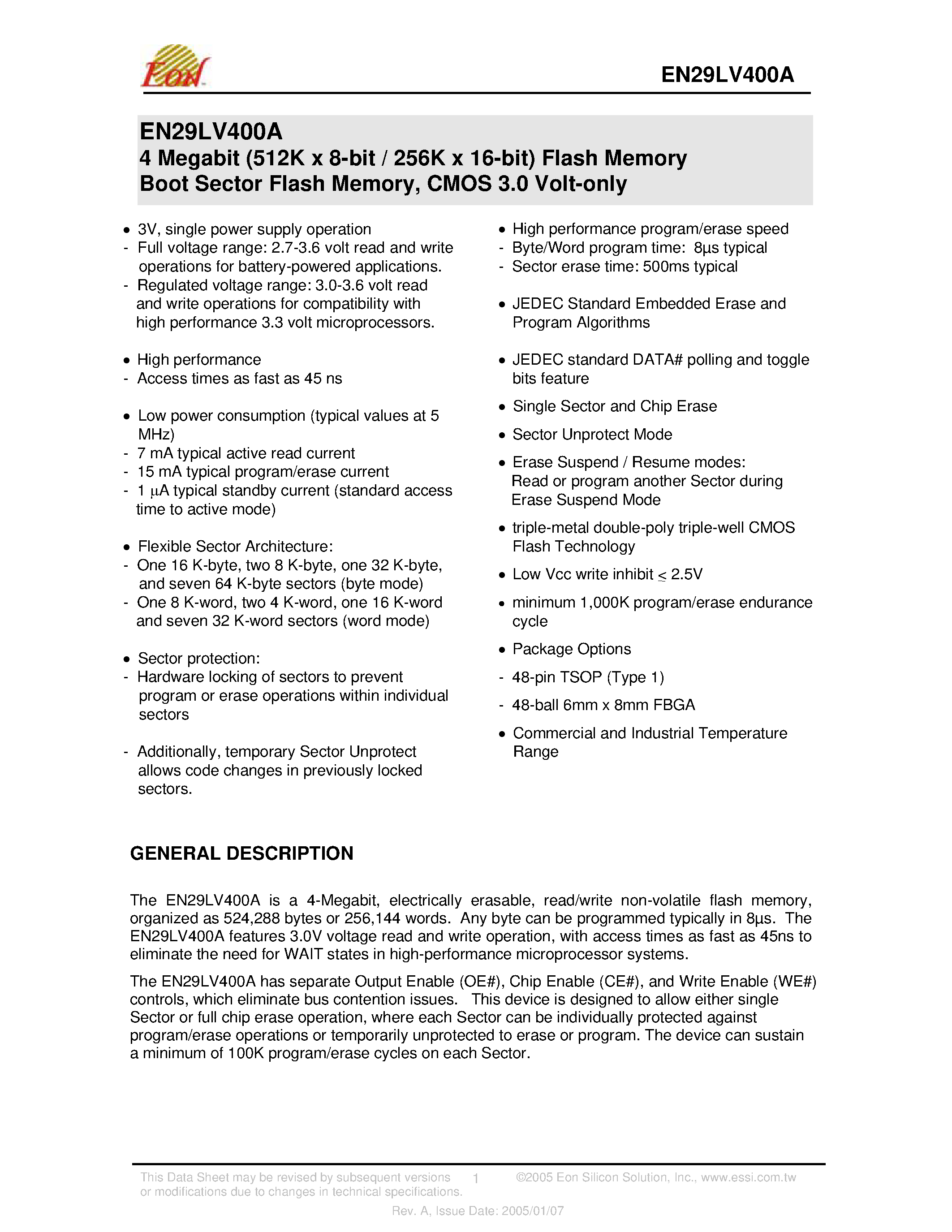 Datasheet EN29LV400A - 4 Megabit (512K X 8-bit / 256K X 16-bit) Flash Memory Boot Sector Flash Memory page 1