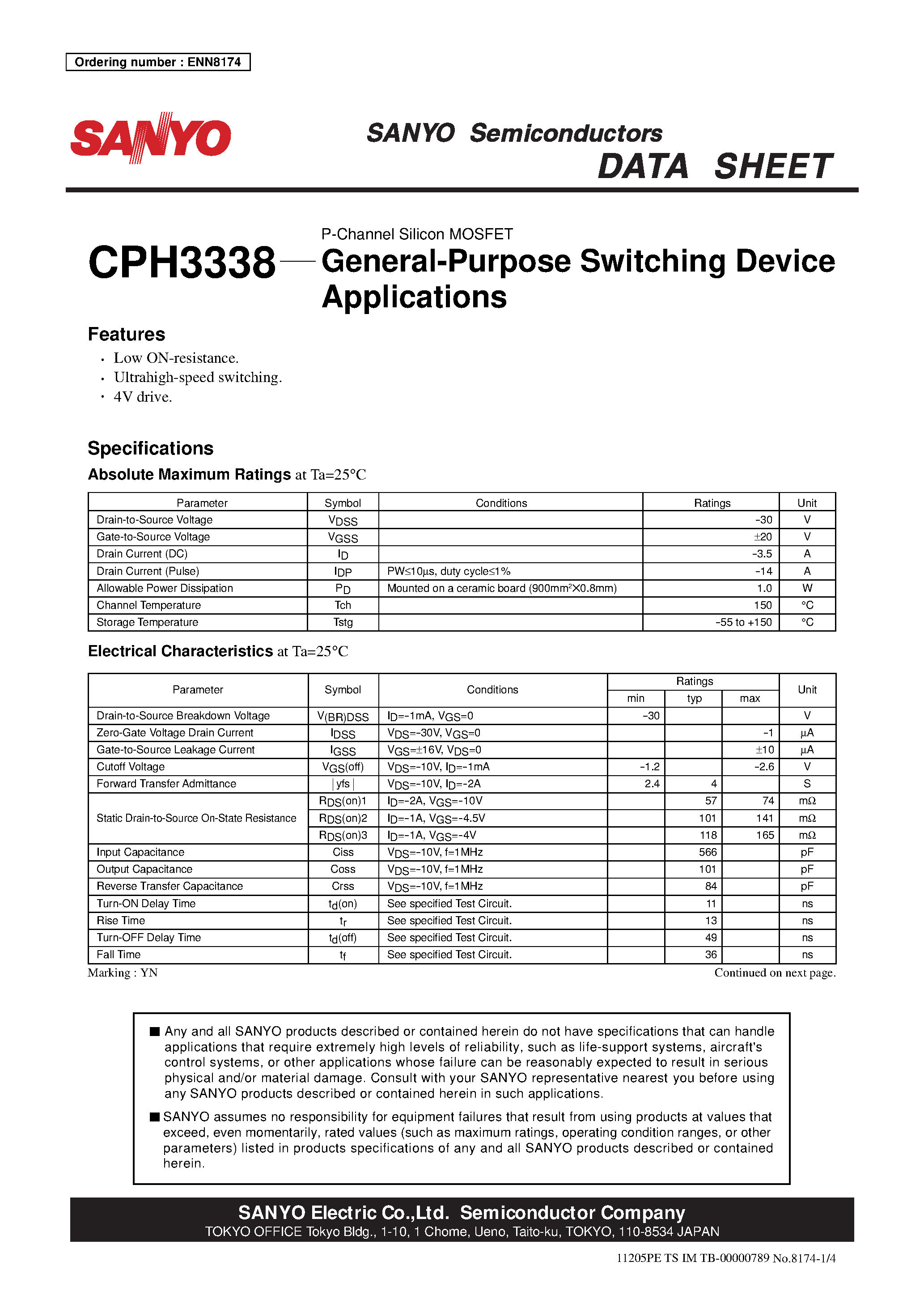 Даташит CPH3338 - P-Channel Silicon MOSFET General-Purpose Switching Device Applications страница 1
