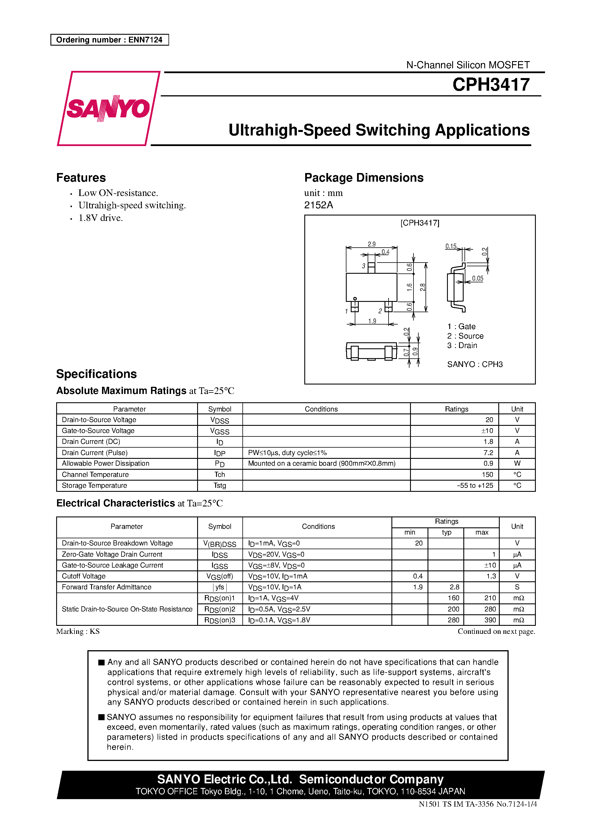 Даташит CPH3417 - Ultrahigh-Speed Switching Applications страница 1