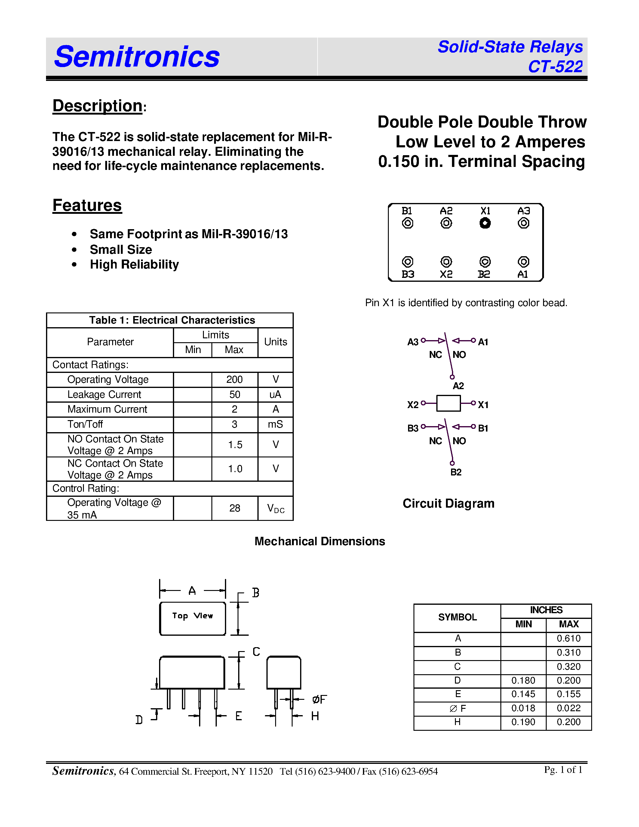 Datasheet CT-522 - Double Pole Double Throw Low Level to 2 Amperes 0.150 in Terminal Spacing page 1