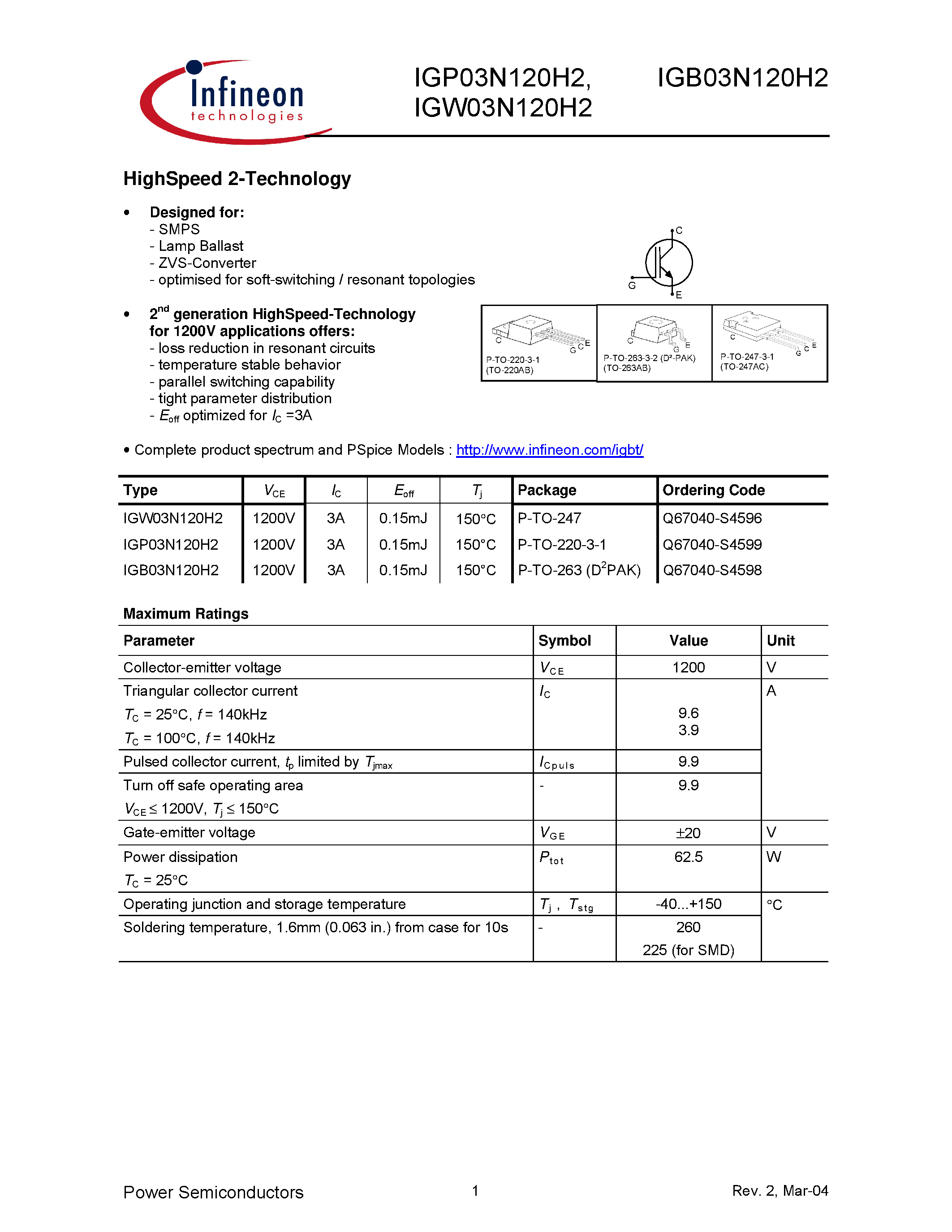 Datasheet IGP03N120H2 page 1 Datasheet IGP03N120H2 - HighSpeed 2-Technology page 1