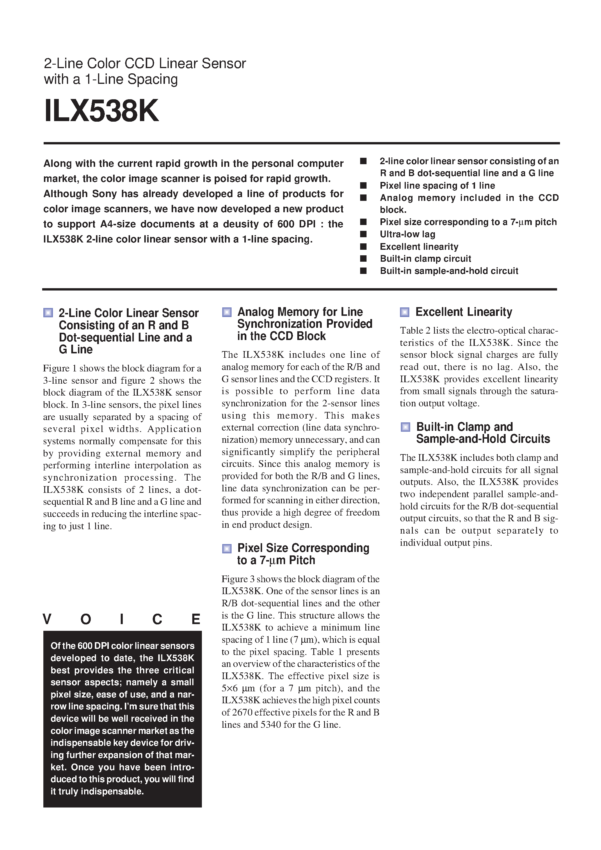 Datasheet ILX538K page 1 Datasheet ILX538K - 2-Line Color CCD Linear Sensor with a 1-Line Spacing page 1