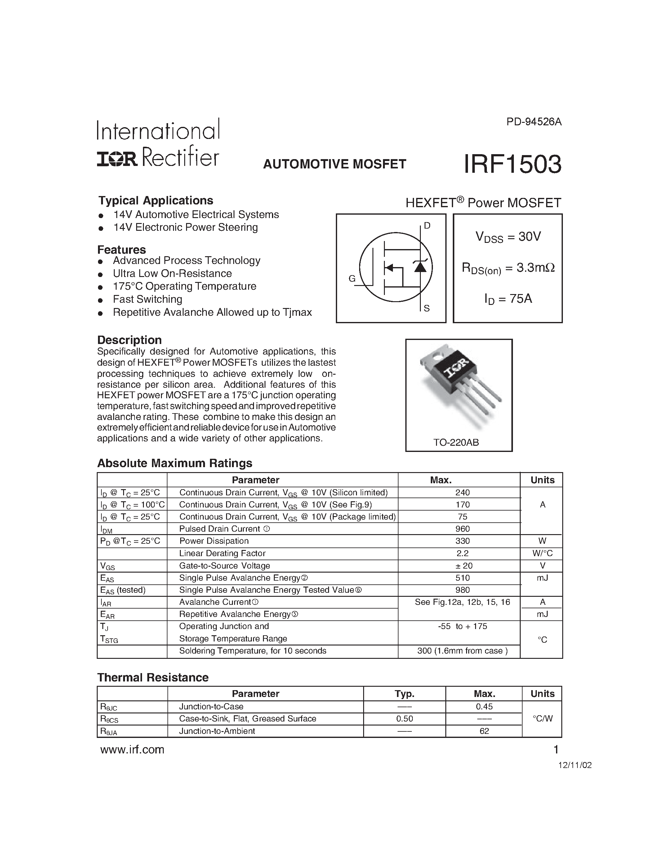 Datasheet IRF1503 - AUTOMOTIVE MOSFET page 1