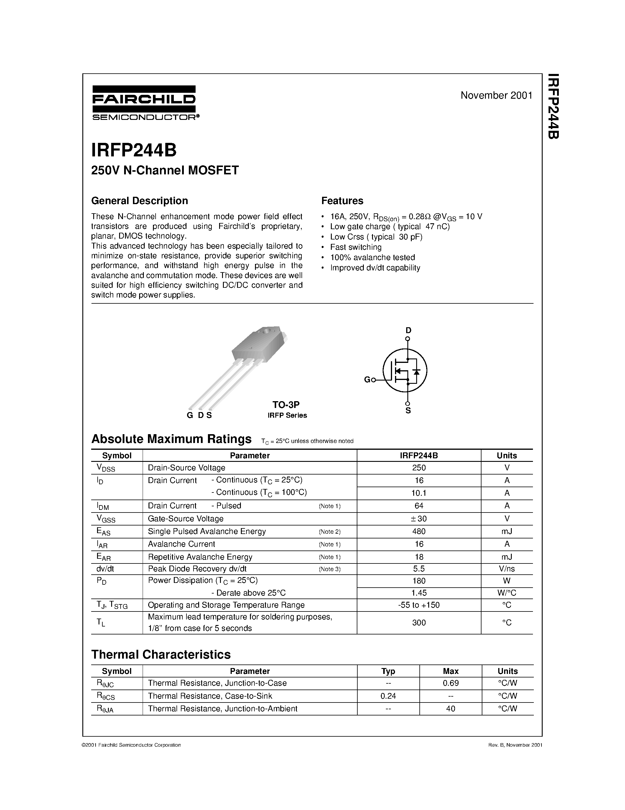 Даташит на микросхему IRFP244B страница 1 Даташит IRFP244B - 250V N-Channel MOSFET страница 1