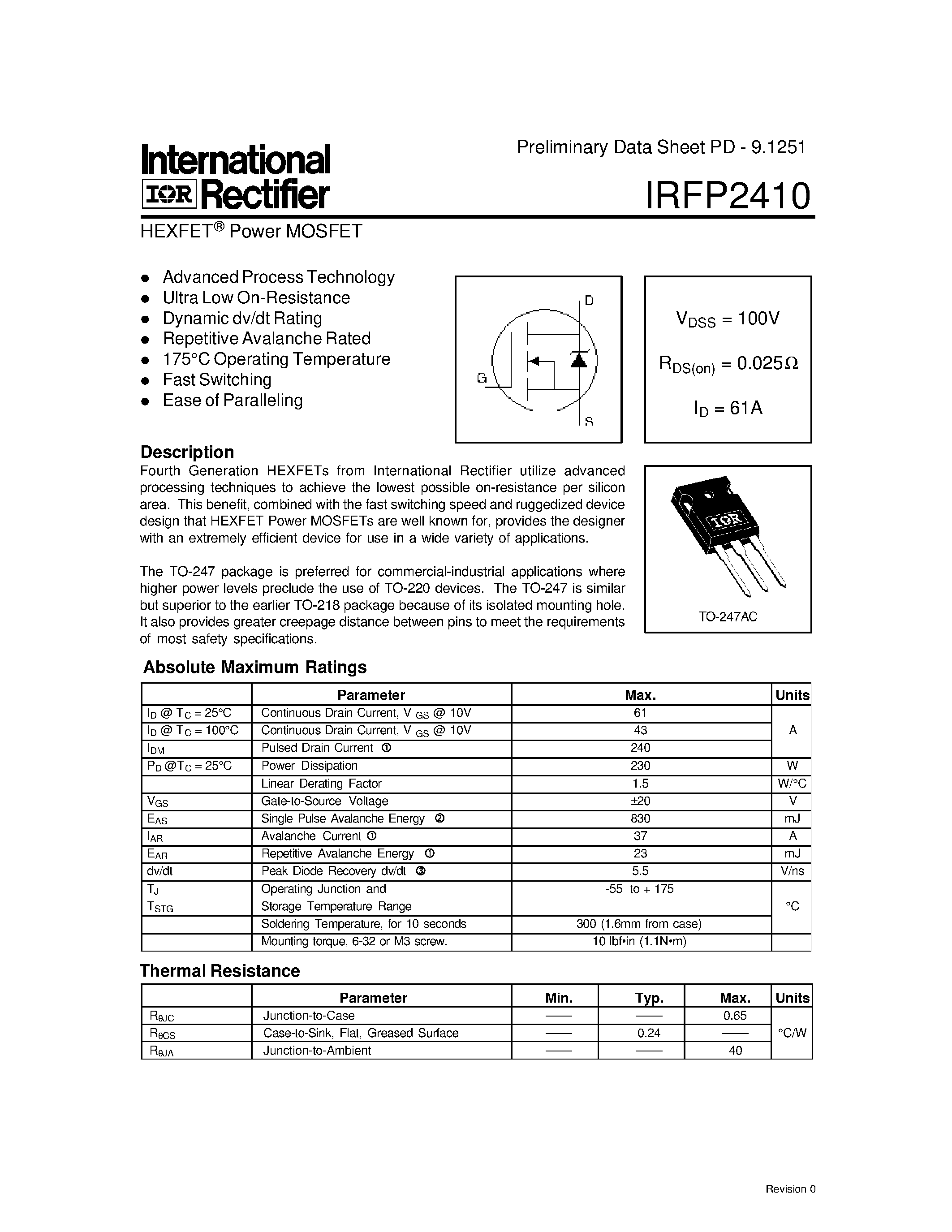 Datasheet IRFP2410 - Fourth Generation HEXFETs page 1