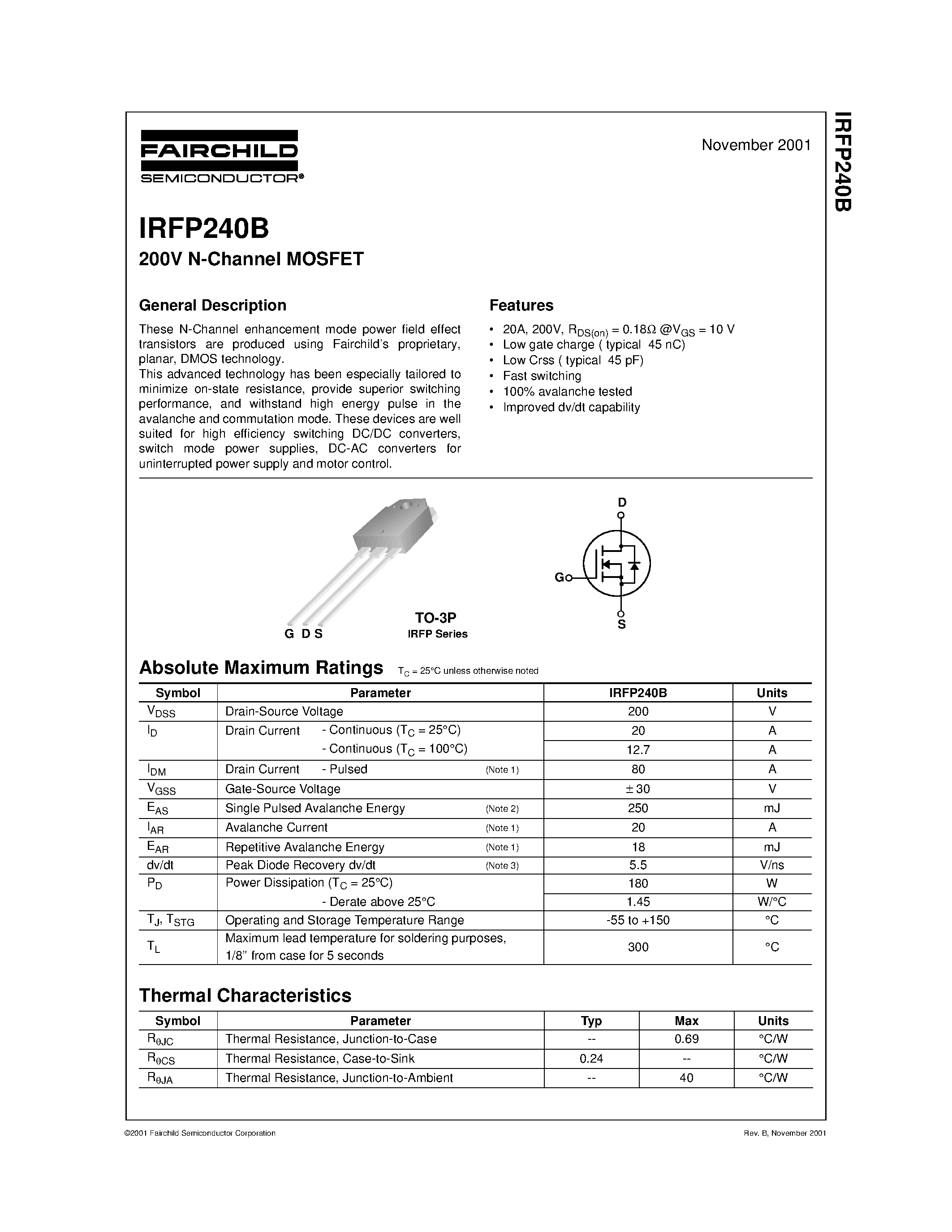 Даташит на микросхему IRFP240B страница 1 Даташит IRFP240B - 200V N-Channel MOSFET страница 1