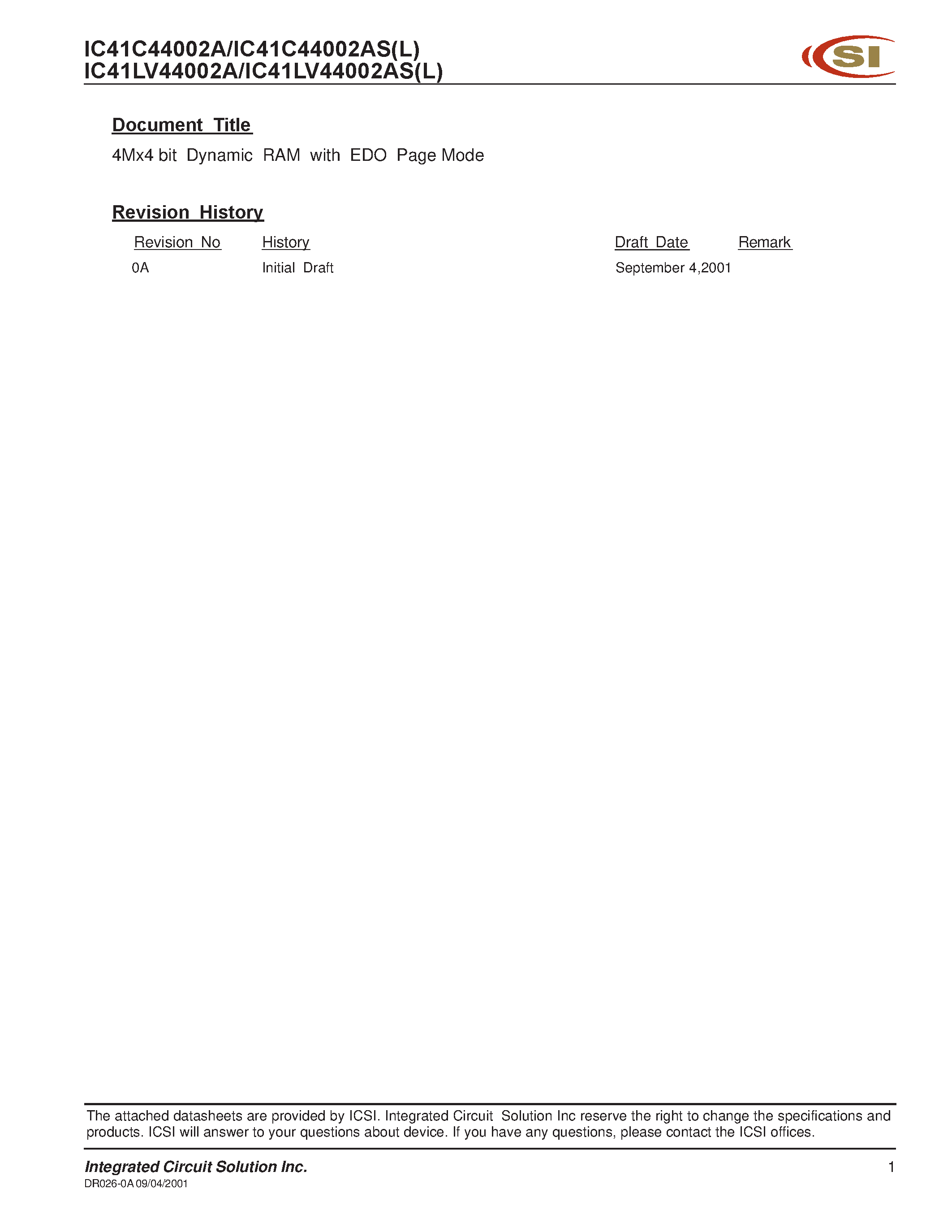 Datasheet IC41C44002A - 4M x 4 (16-MBIT) DYNAMIC RAM WITH EDO PAGE MODE page 1
