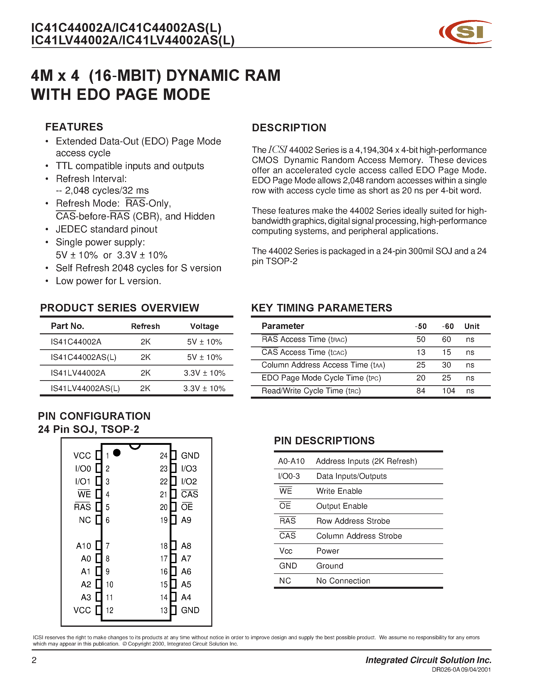 Datasheet IC41C44002A - 4M x 4 (16-MBIT) DYNAMIC RAM WITH EDO PAGE MODE page 2