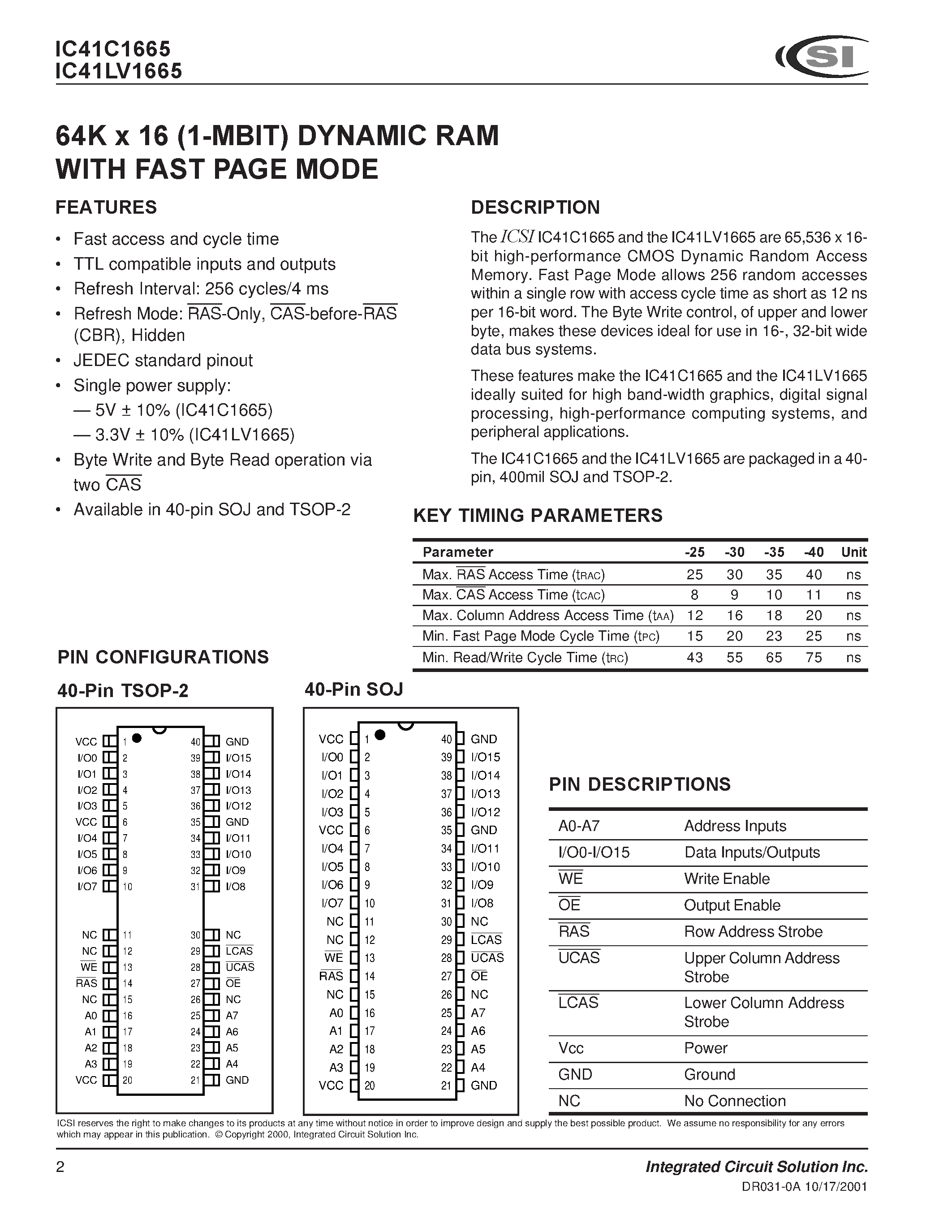 Даташит на микросхему IC41C1665 страница 2 Даташит IC41C1665 - 64K x16 bit Dynamic RAM with Fast Page Mode страница 2