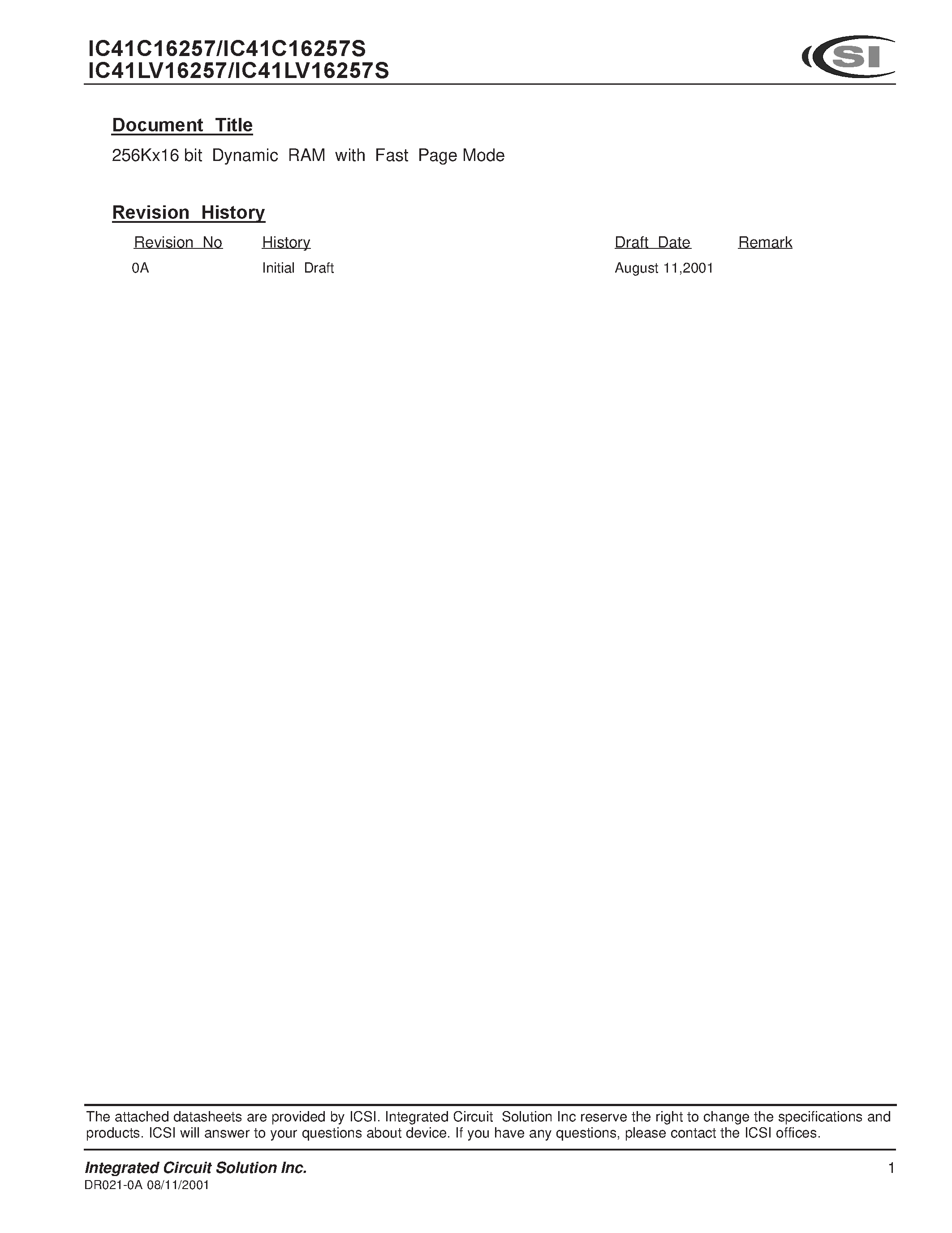 Datasheet IC41C16257 - 256K x 16 (4-MBIT) DYNAMIC RAM WITH FAST PAGE MODE page 1