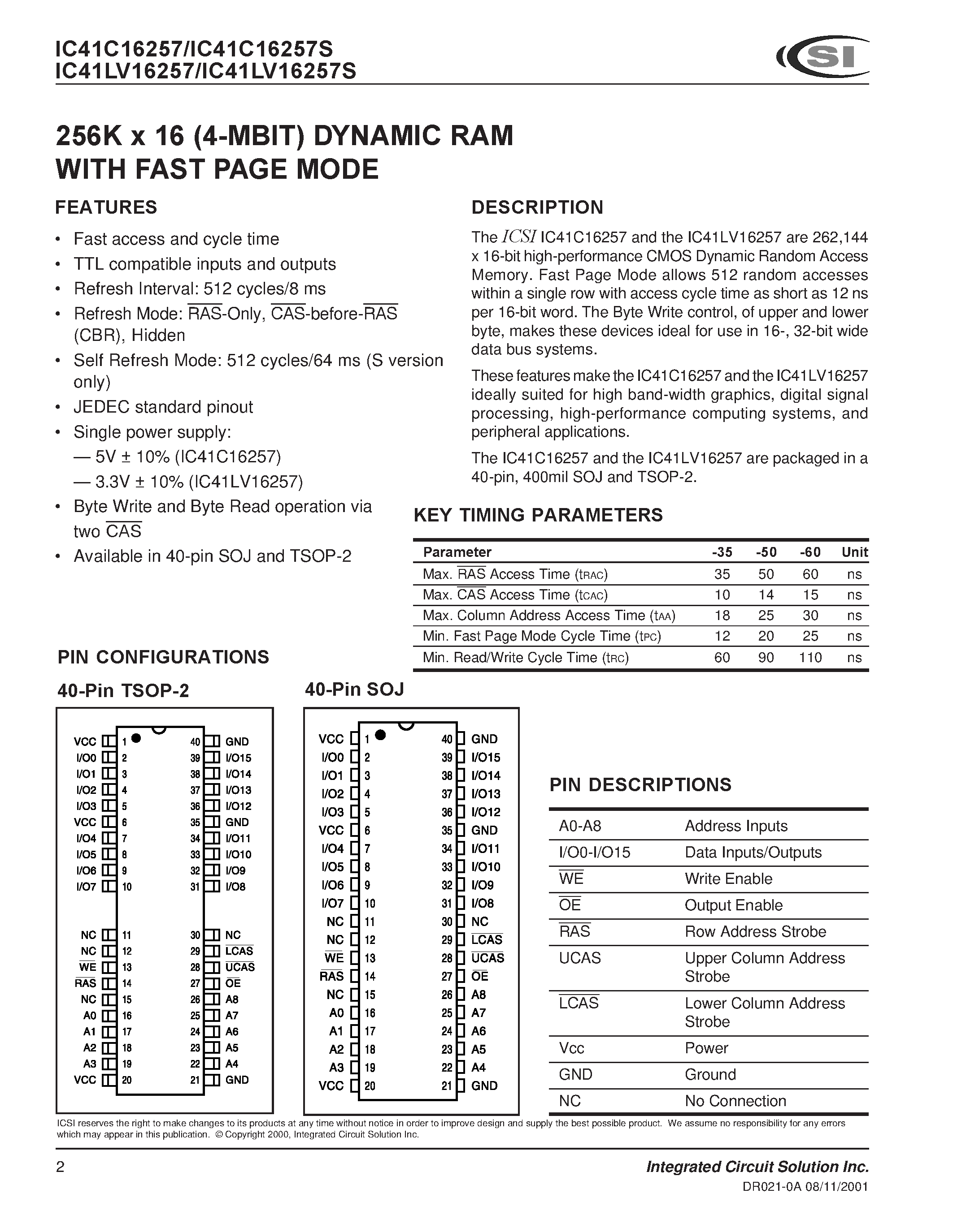 Datasheet IC41C16257 - 256K x 16 (4-MBIT) DYNAMIC RAM WITH FAST PAGE MODE page 2