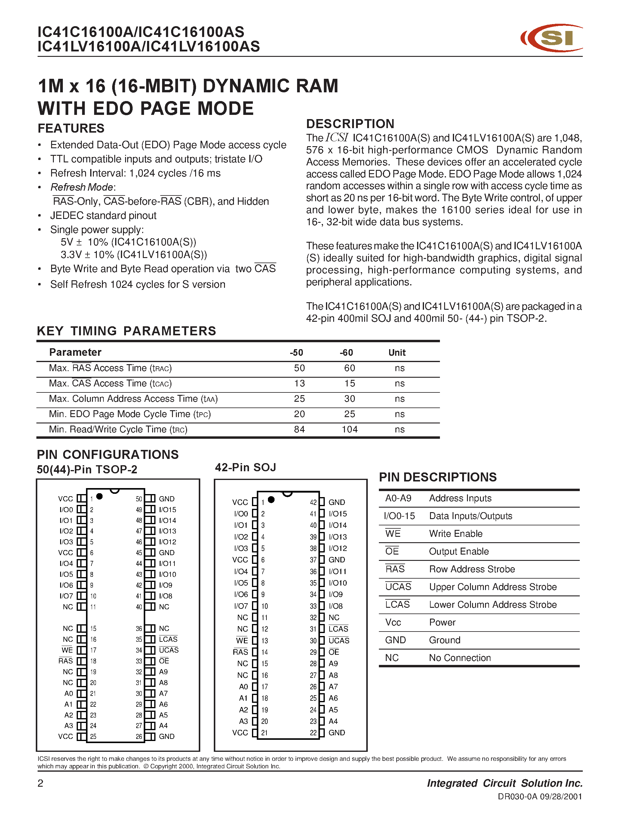 Даташит IC41C16100A - 1M x 16 (16-MBIT) DYNAMIC RAM WITH EDO PAGE MODE страница 2