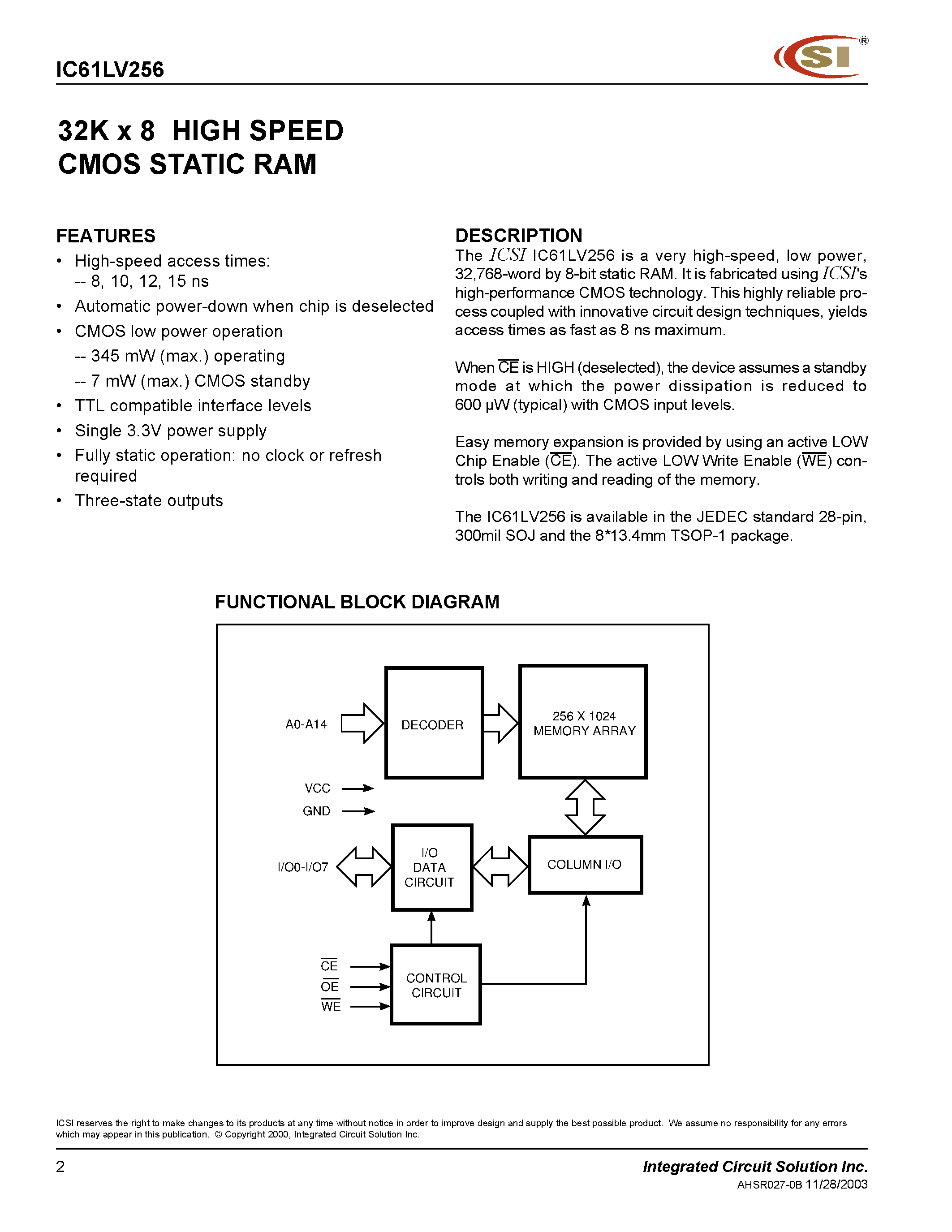 Даташит IC61LV256 - 32K x 8 Hight Speed SRAM with 3.3V страница 2