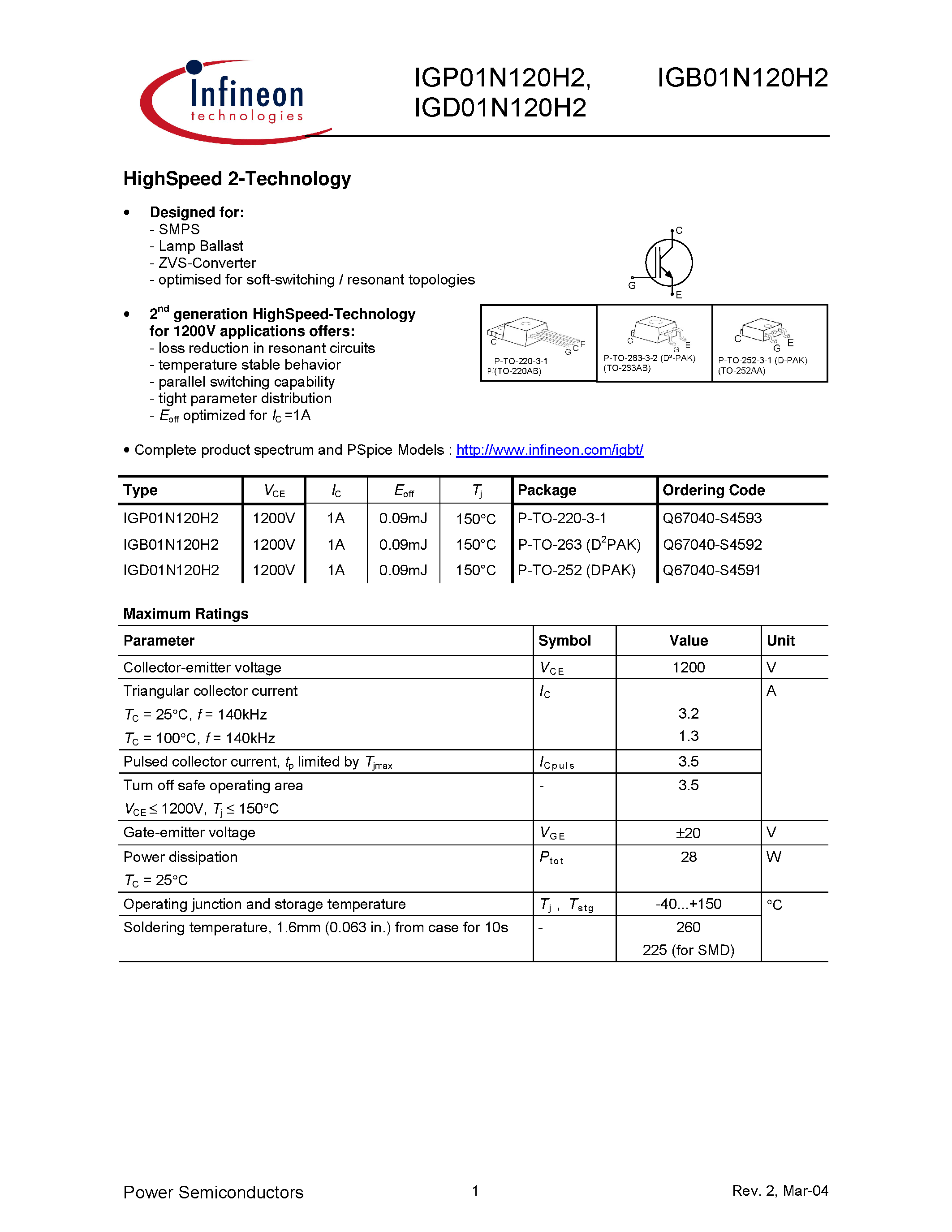 Datasheet IGB01N120H2 - HighSpeed 2-Technology page 1
