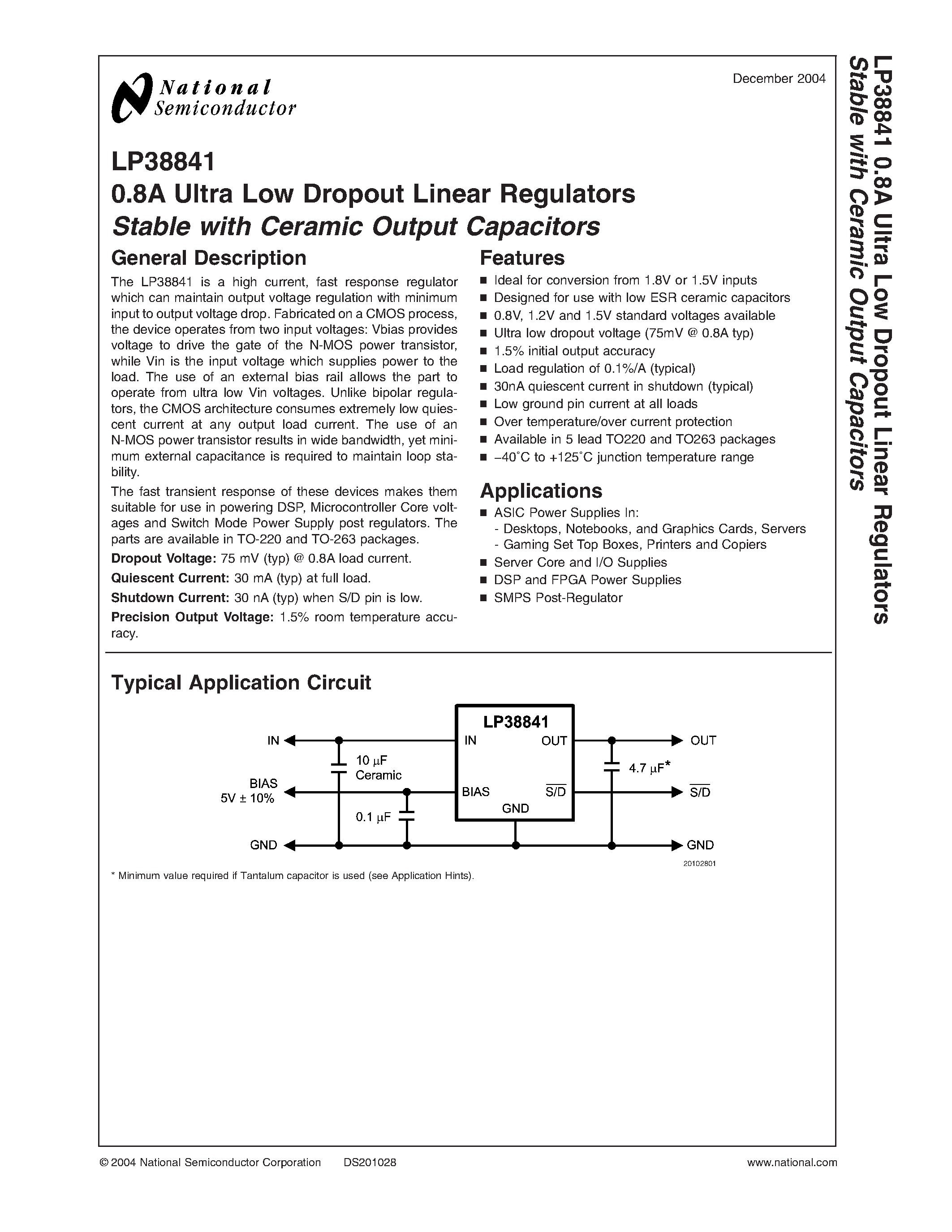 Datasheet LP38841 - 0.8A Ultra Low Dropout Linear Regulators Stable with Ceramic Output Capacitors page 1