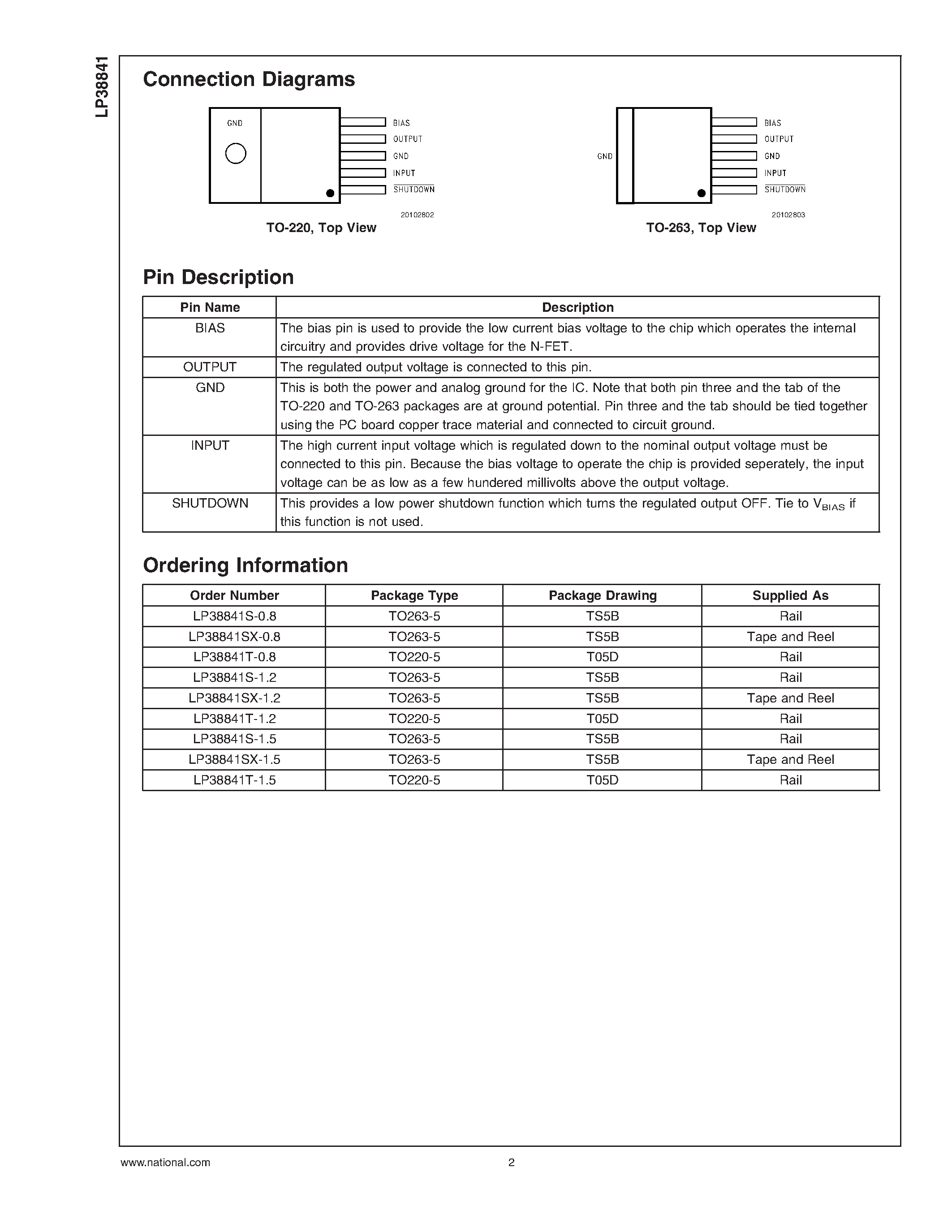 Datasheet LP38841 - 0.8A Ultra Low Dropout Linear Regulators Stable with Ceramic Output Capacitors page 2