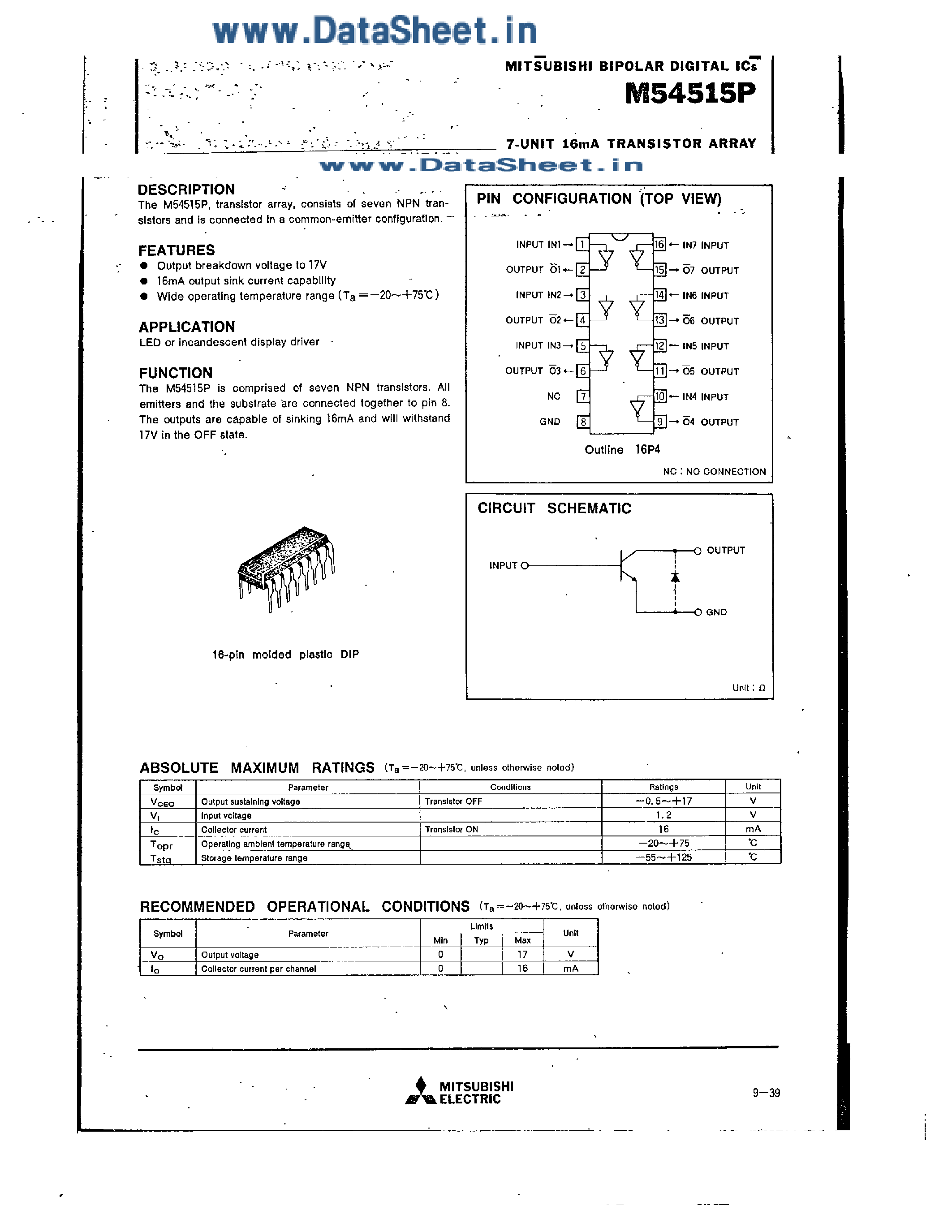Даташит на микросхему M54515P страница 1 Даташит M54515P - 7-UNIT 16mA TRANSISTOR ARRAY страница 1