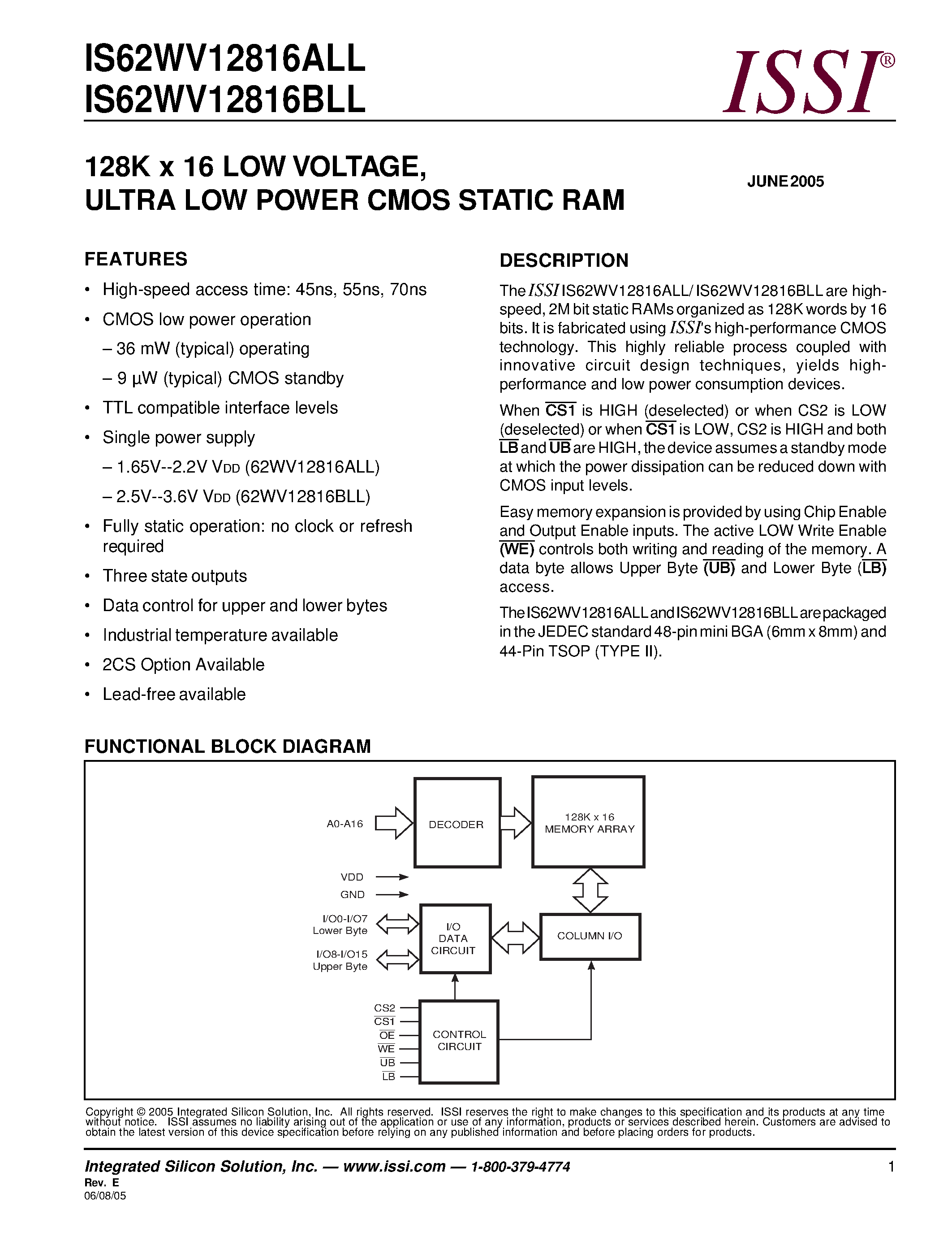 Даташит IS62WV12816 - 128K x 16 LOW VOLTAGE ULTRA LOW POWER CMOS STATIC RAM страница 1