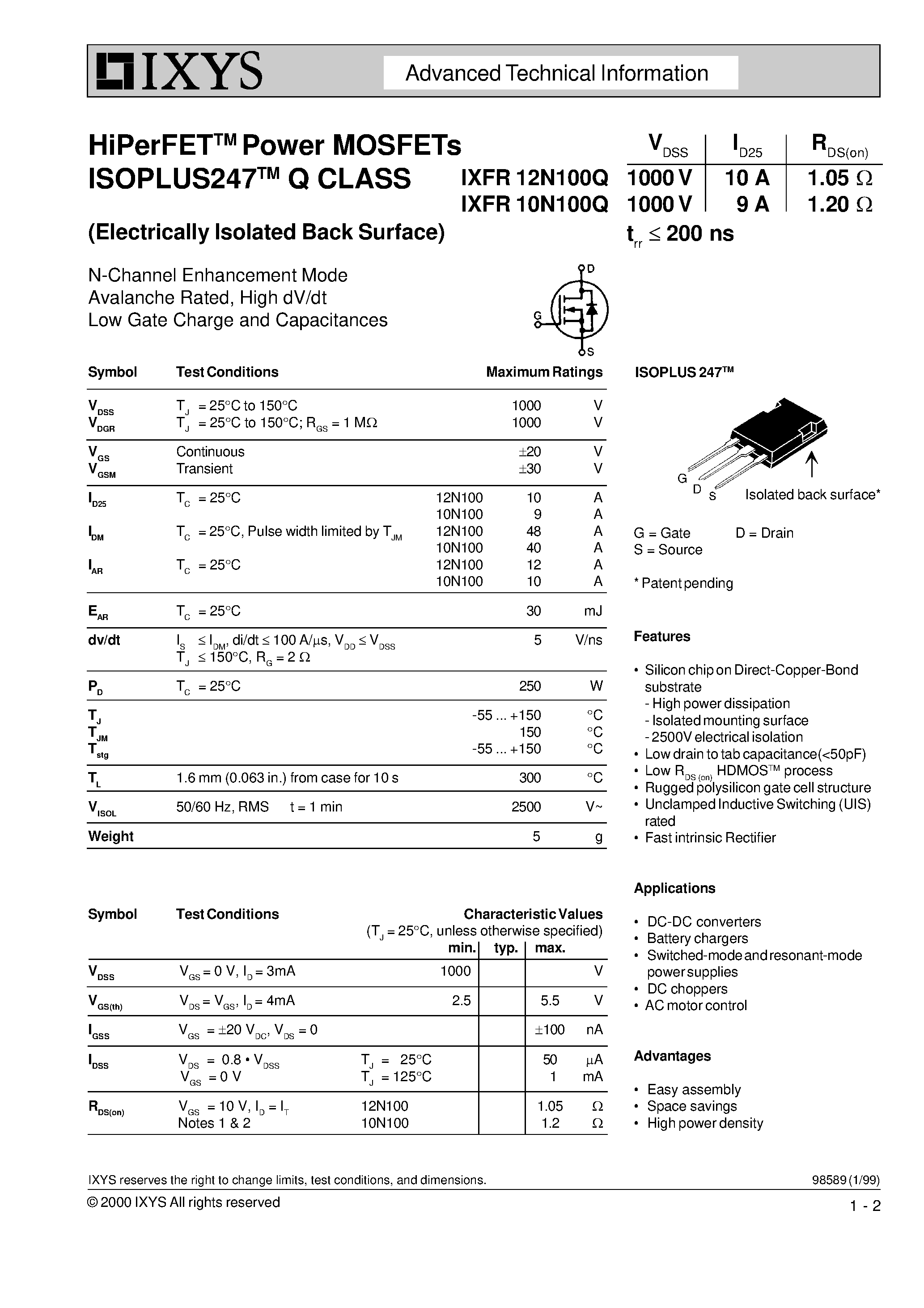 Datasheet IXFR12N100Q - N-Channel Enhancement Mode Avalanche Rated / High dV/dt Low Gate Charge and Capacitances page 1