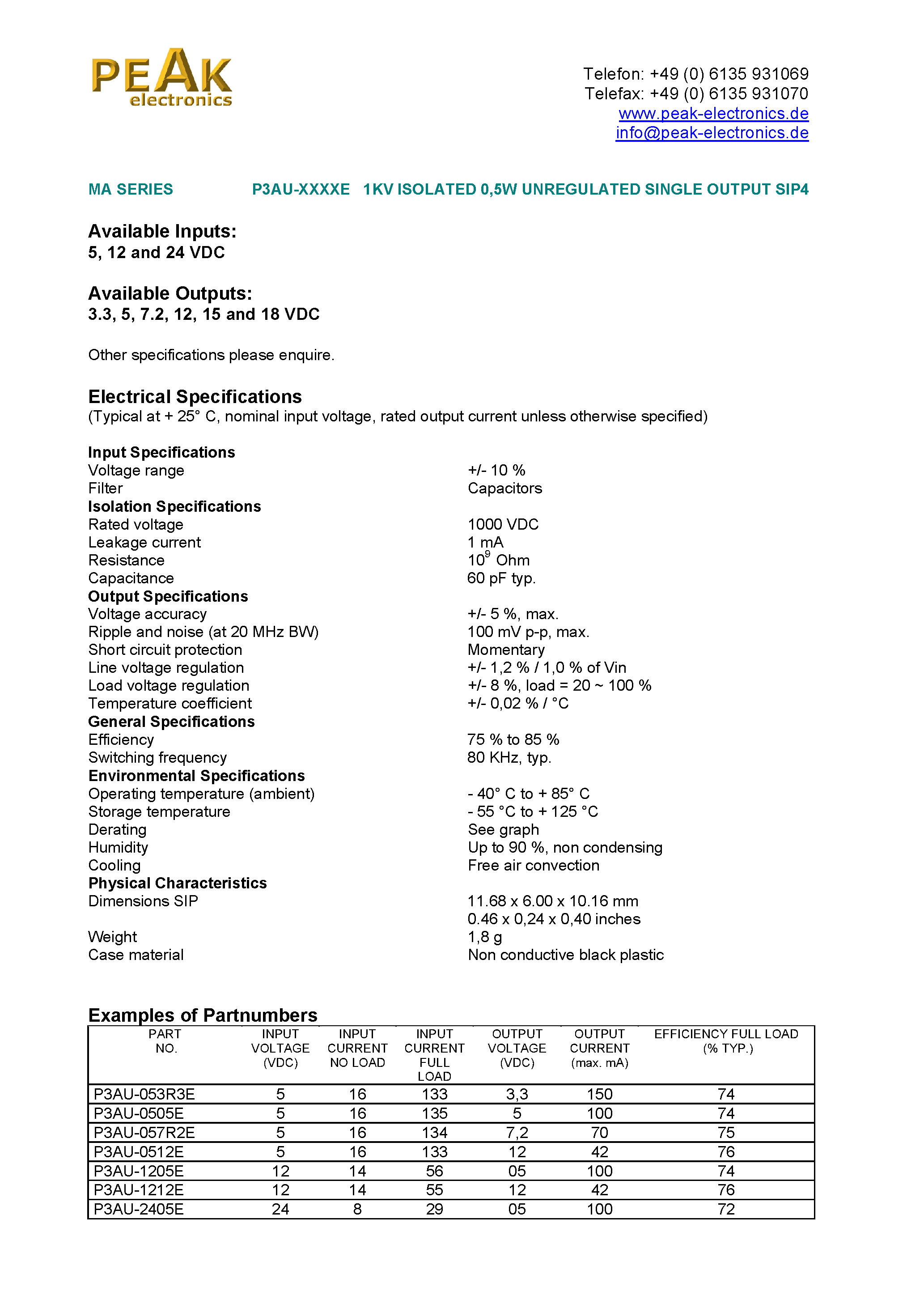 Datasheet P3AU-xxxx - 1KV ISOLATED 0.5W UNREGULATED SINGLE OUTPUT SIP4 page 1