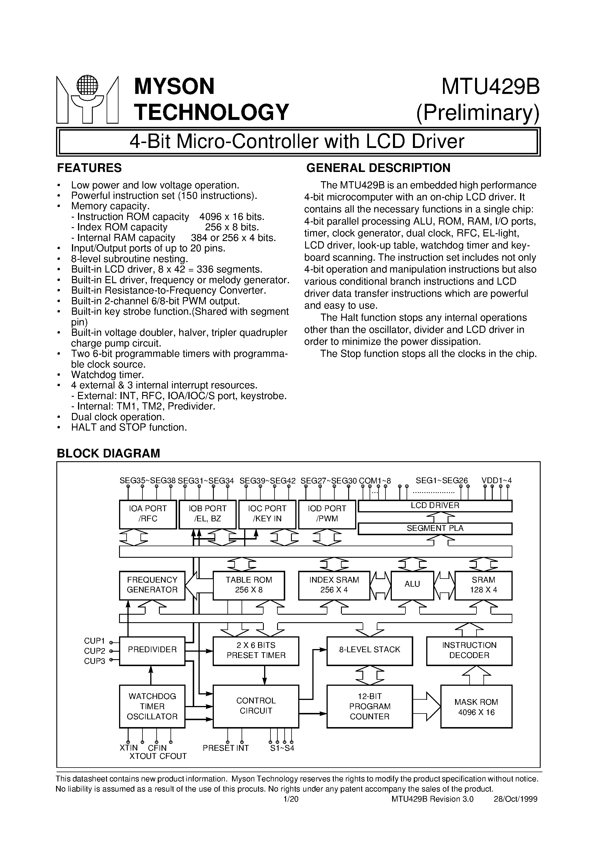 Даташит MTU429B - 4-Bit Micro-Controller with LCD Dr страница 1