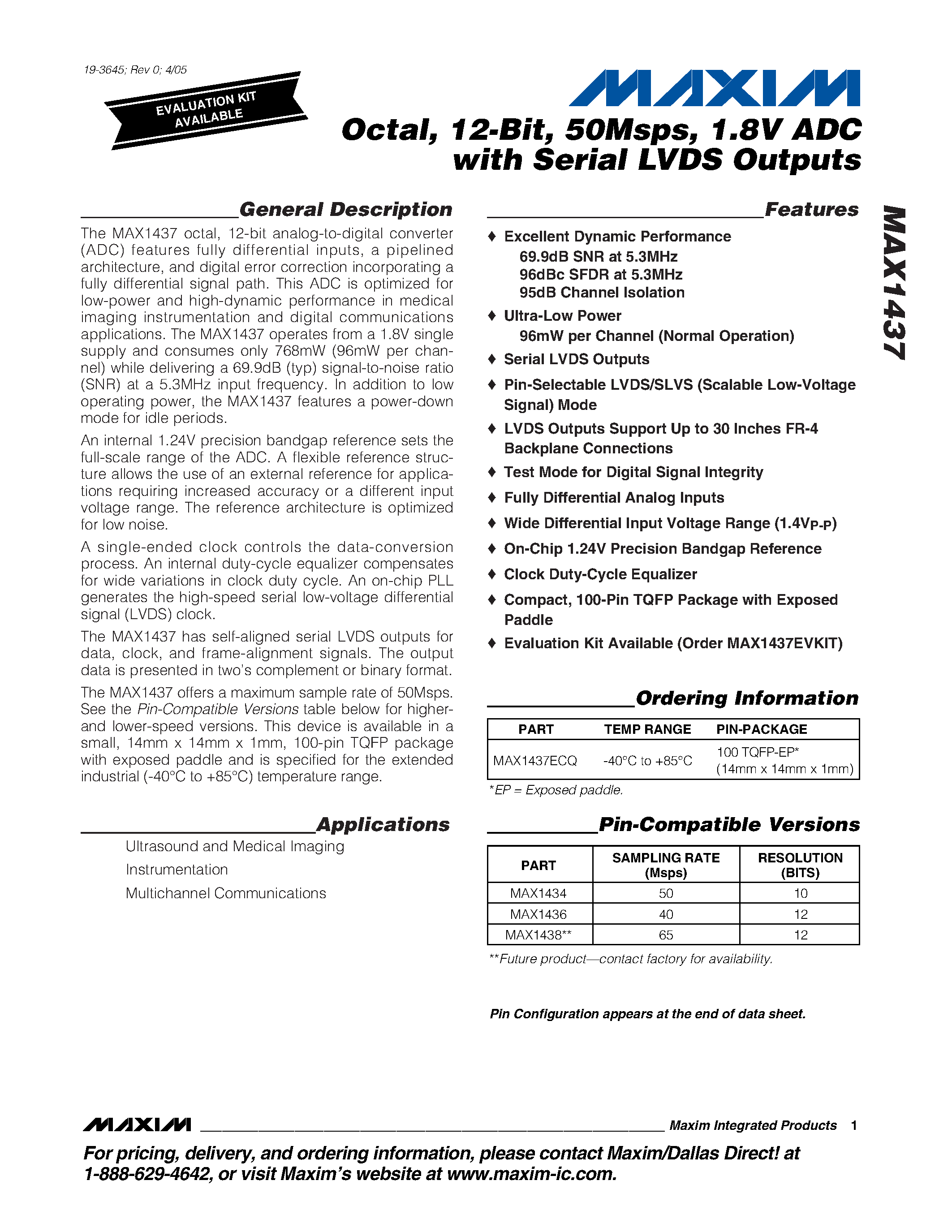 Datasheet MAX1437 - Octal / 12-Bit / 50Msps / 1.8V ADC with Serial LVDS Outputs page 1