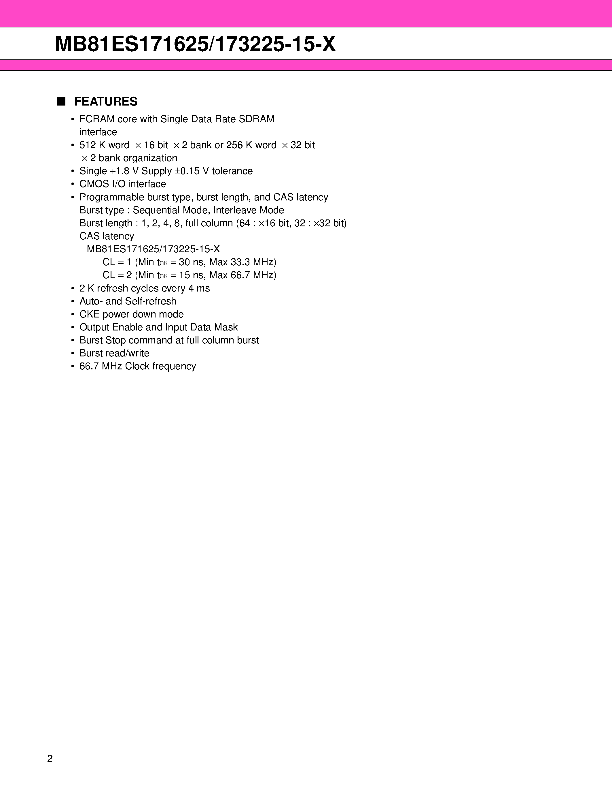 Даташит на микросхему MB81ES171625 страница 2 Даташит MB81ES171625 - SINGLE DATA RATE I/F FCRAM Consumer/Embedded Application Specific Memory for SiP страница 2
